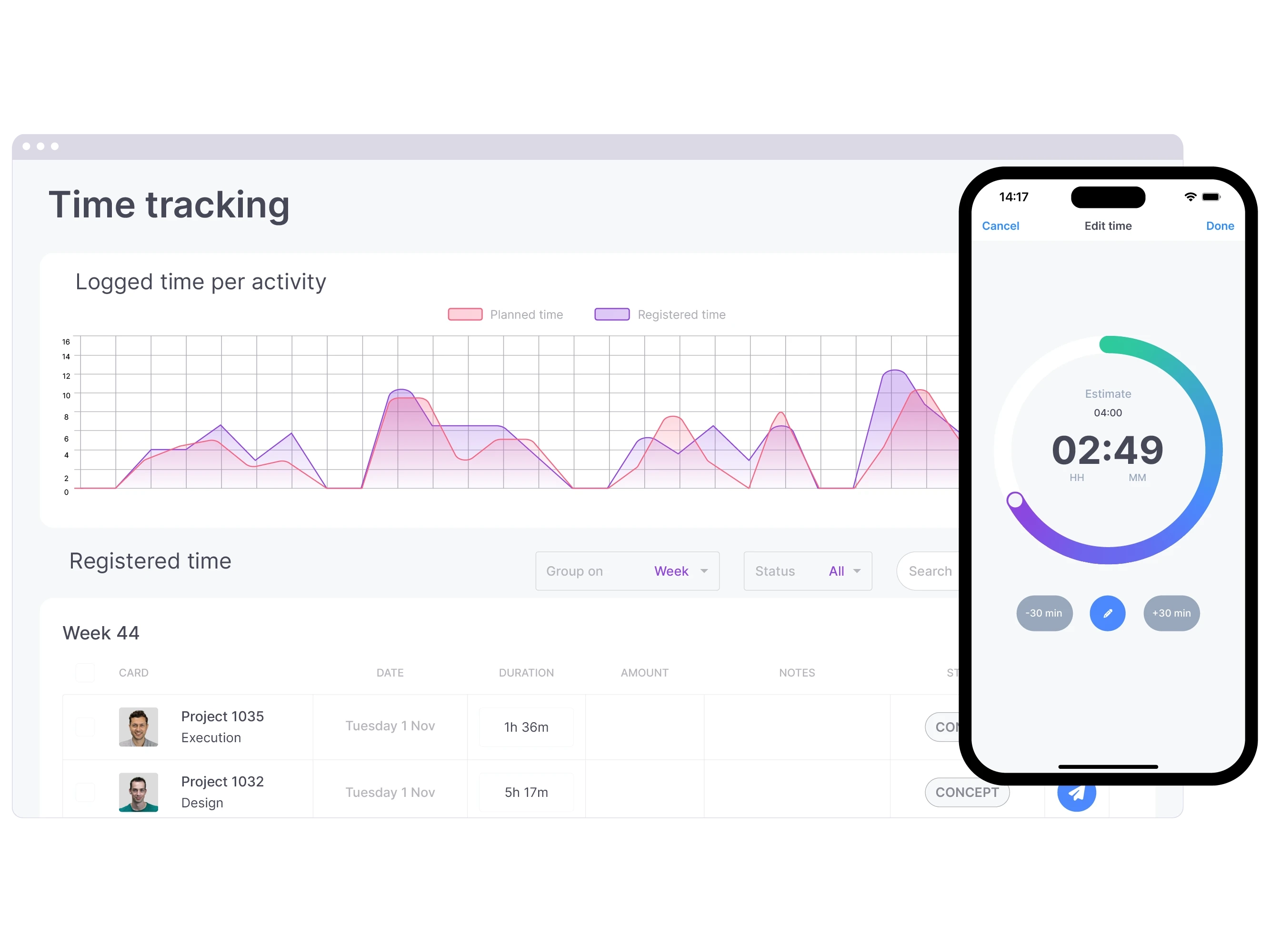 vPlan Analysis: An overview of time registration in vPlan, including manual time registration from the vPlan app on a phone.