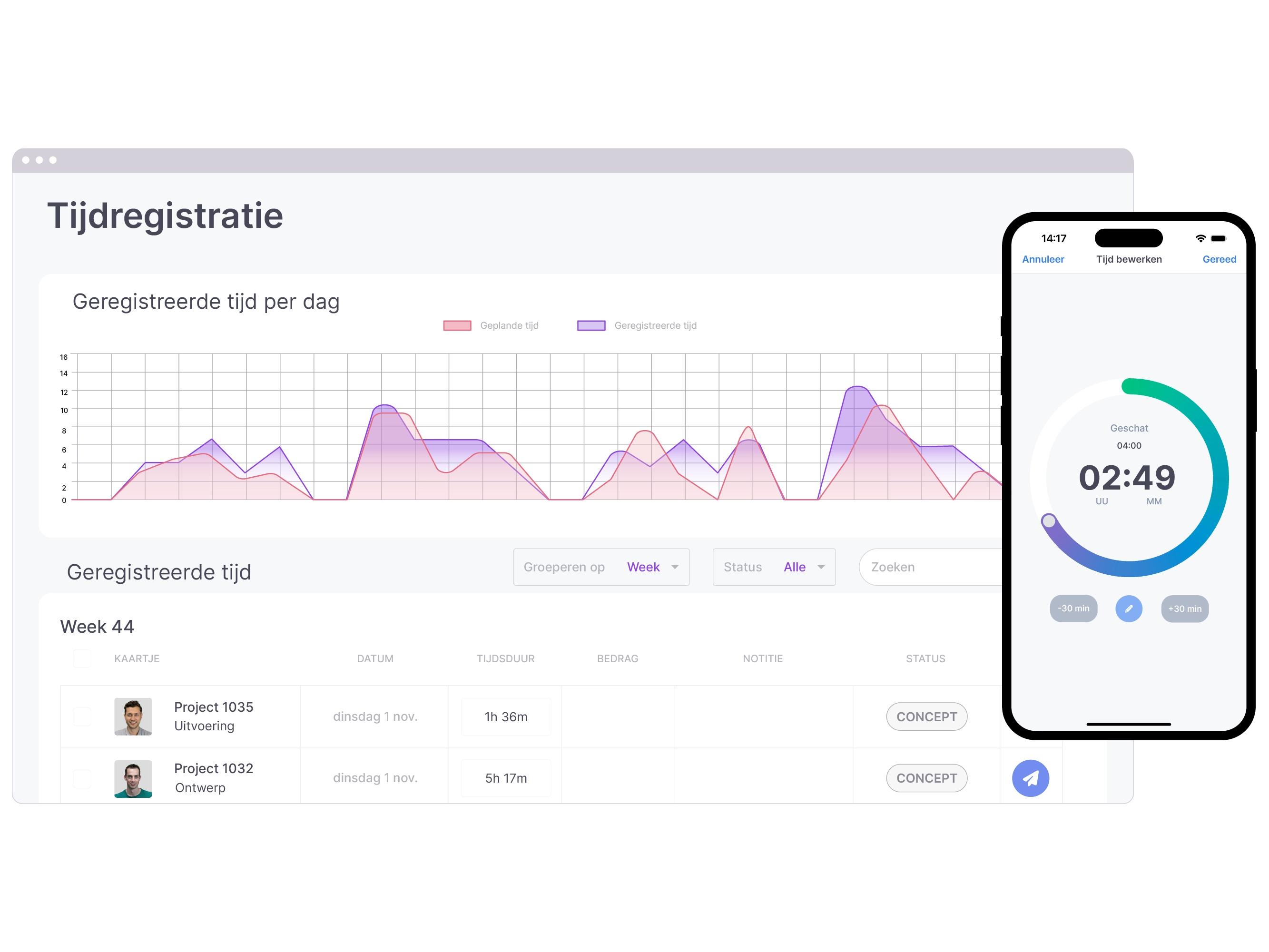 vPlan Analyse: Een overzicht van tijdregistratie in vPlan, inclusief de handmatige tijdregistratie vanuit de vPlan-app op een telefoon.