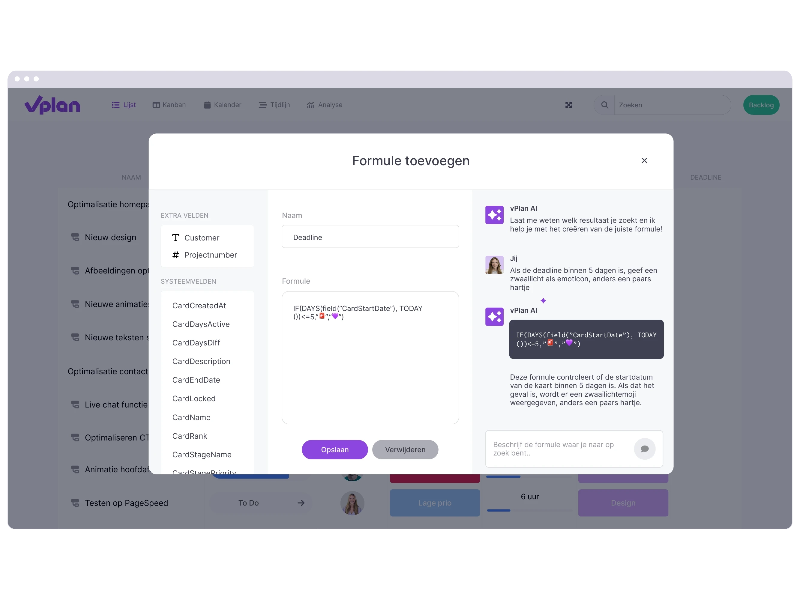 vPlan Analyse: Toepassen van formules in planning software vplan met behulp van AI.