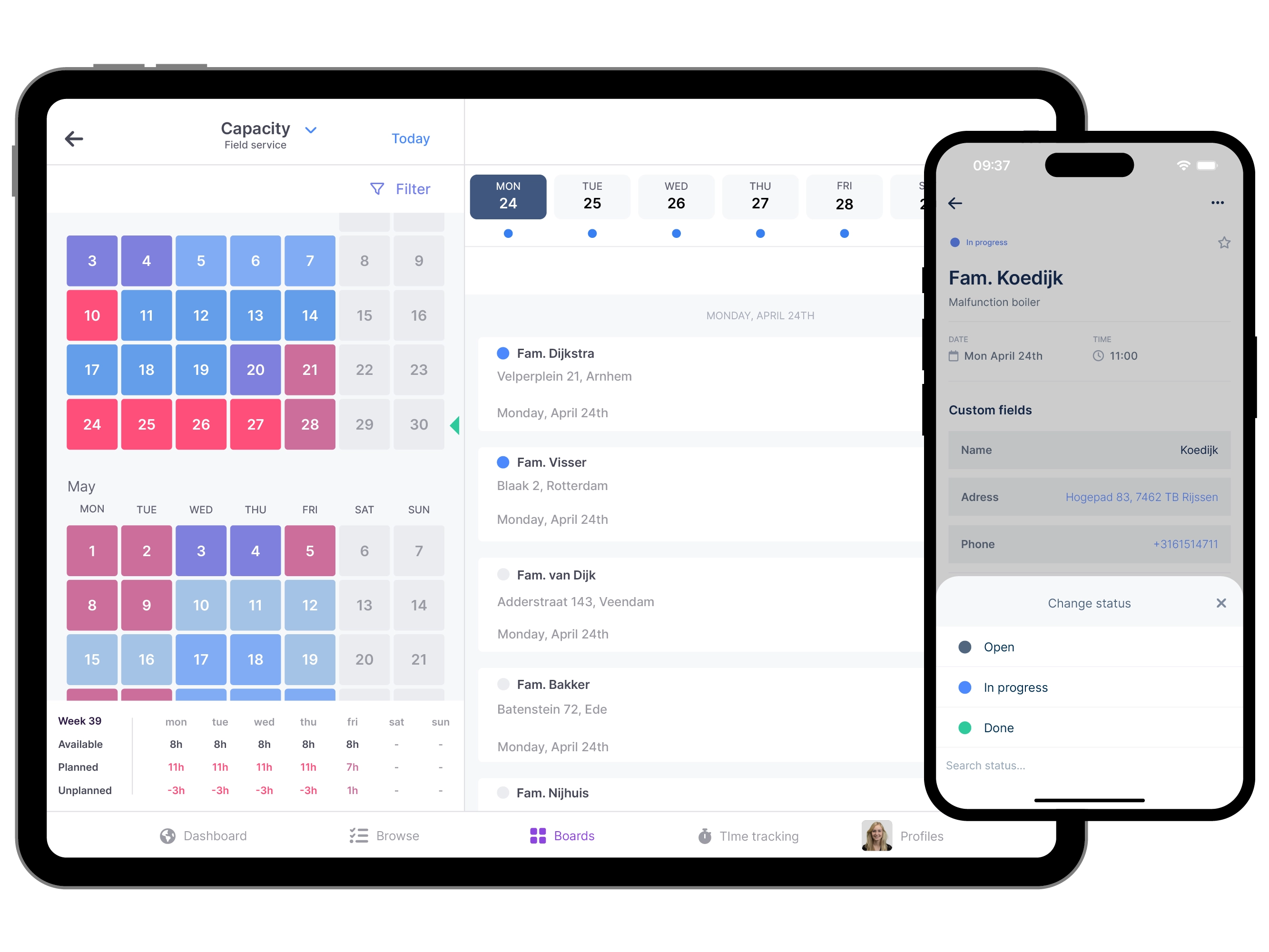 Capacity view on a tablet with a phone displaying the vPlan app.