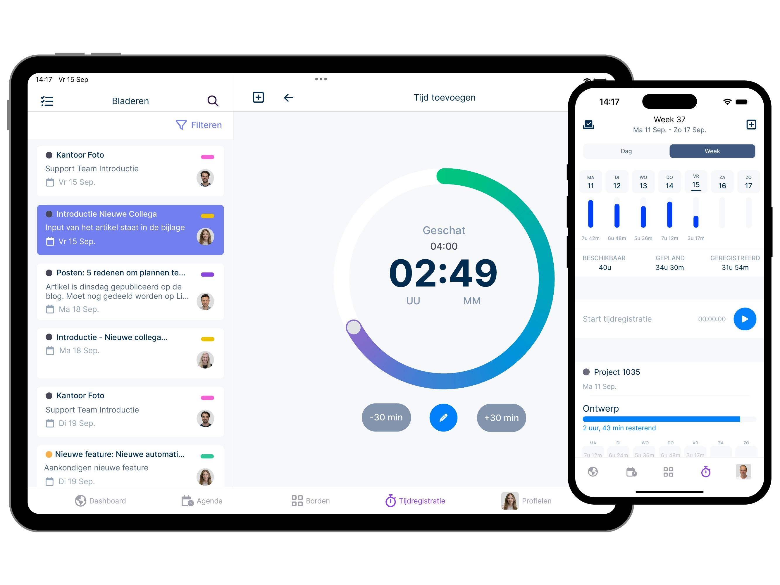 vPlan-App: Handmatige tijdsregistratie van de vPlan-app op een tablet met daarbij een weekoverzicht van tijdsregistratie op een telefoon.