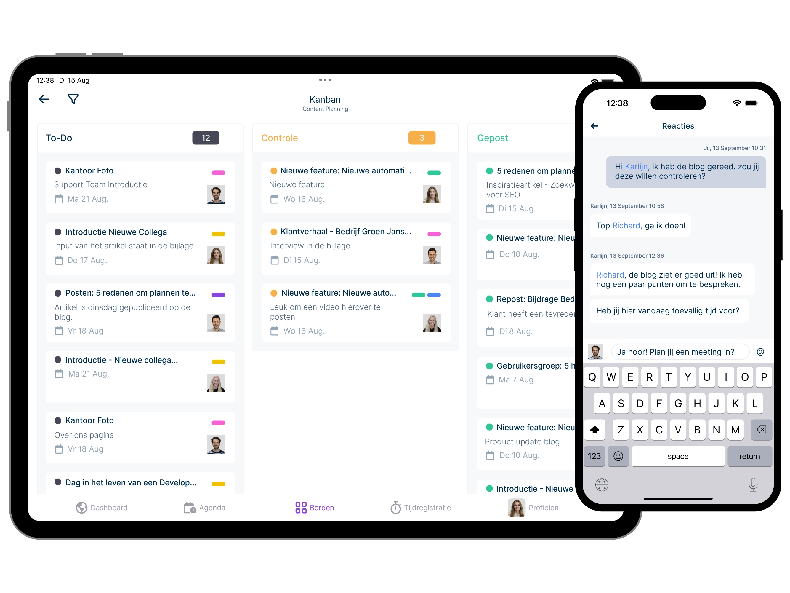 vPlan-App: De kanban weergave op de tablet met daarbij communicatie binnen een kaartje op een telefoon.