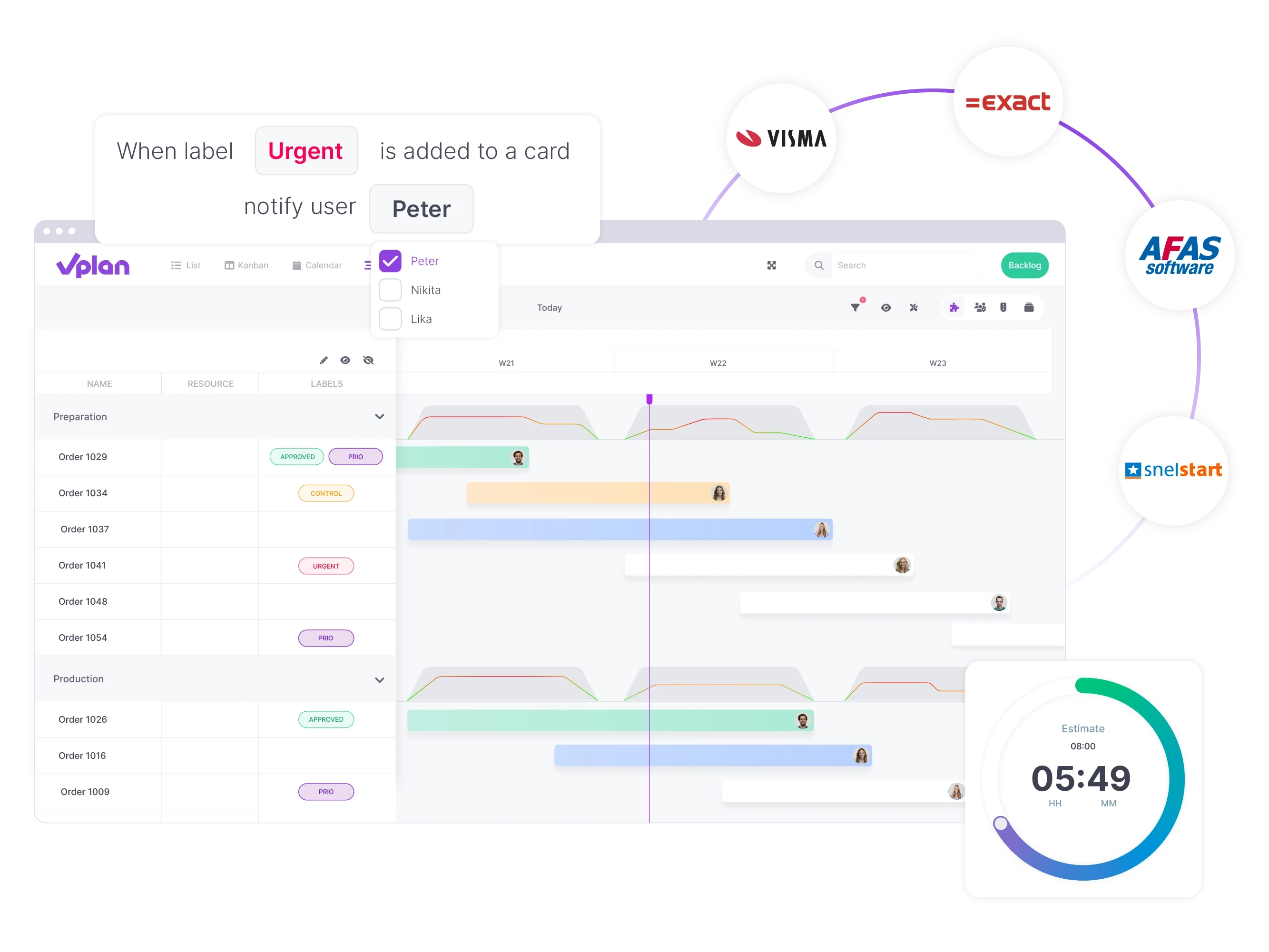 List view with automation, time tracking, and various integration logos.