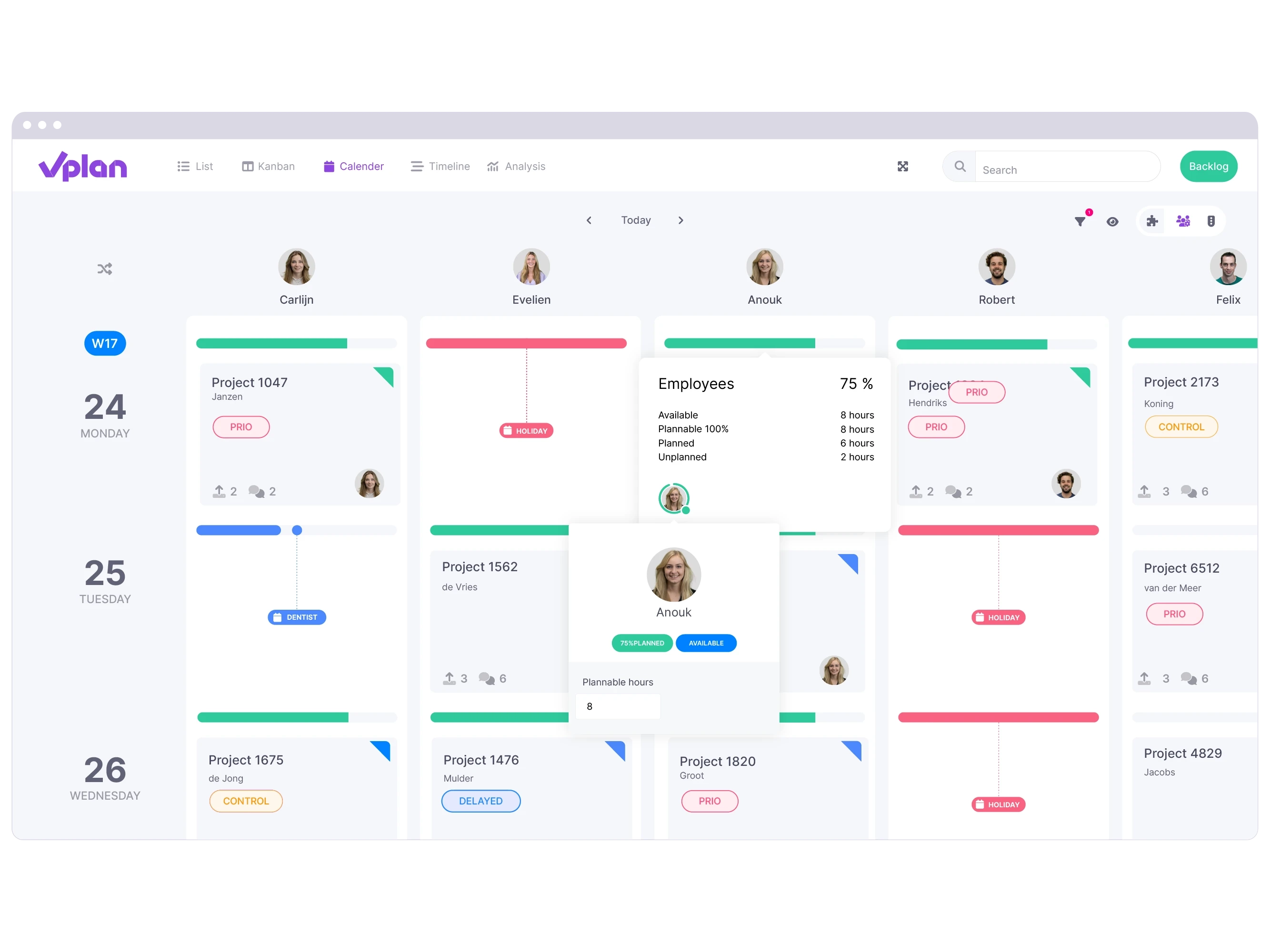 Calendar view with resource view showing various employee absences.