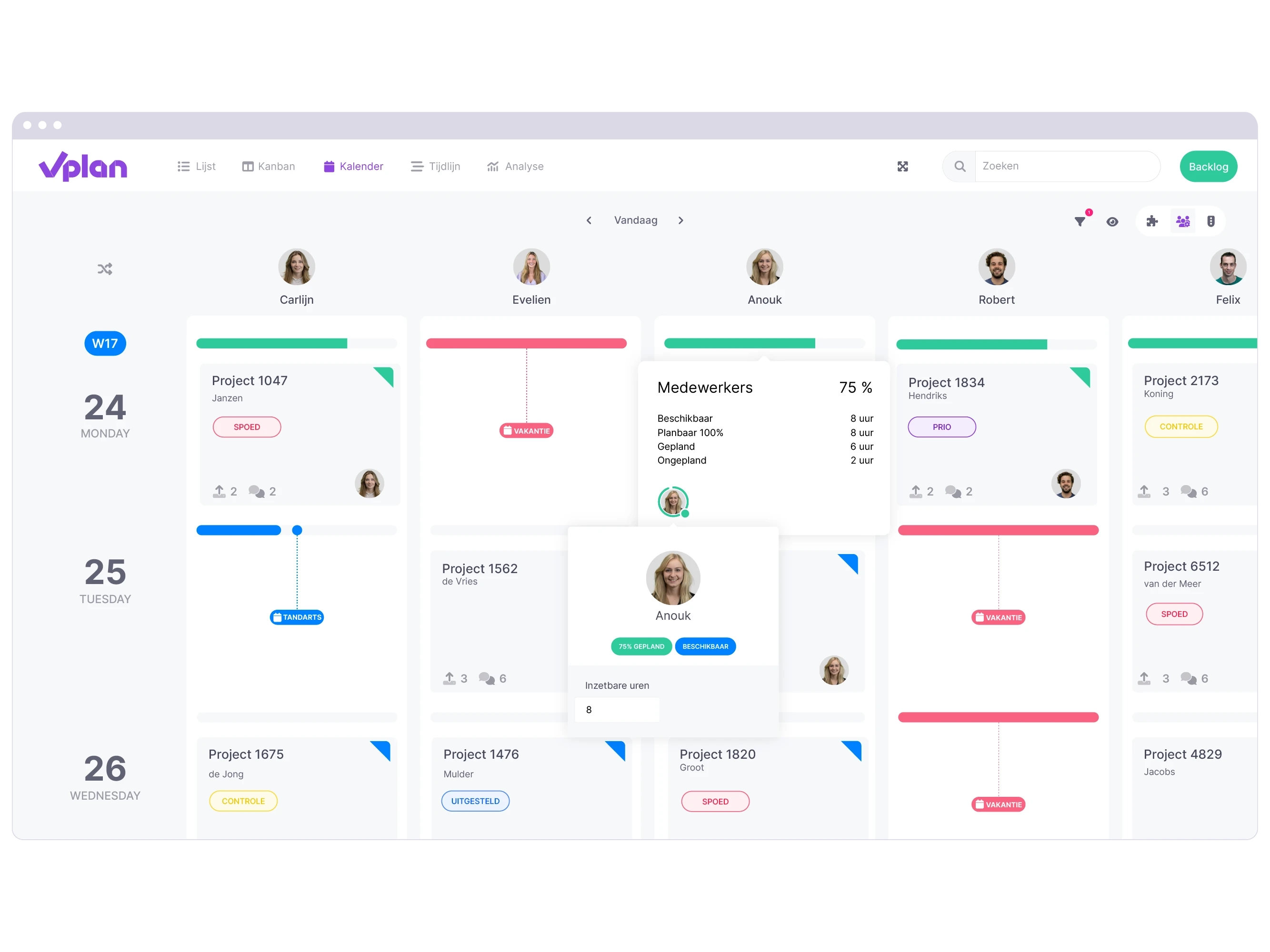 Kalender weergave van vPlan die inzicht geeft in de beschikbare capaciteit en afwezigheid van medewerkers. 