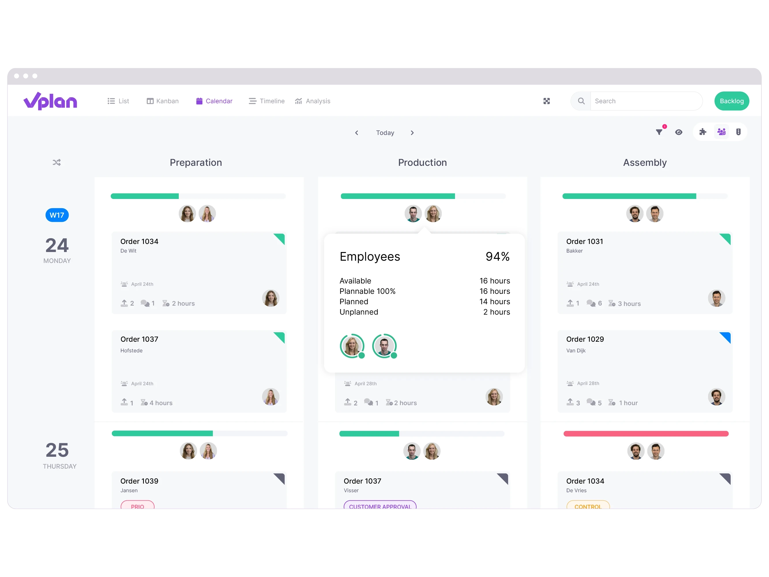 A calendar view where the capacity in the production phase is being reviewed.