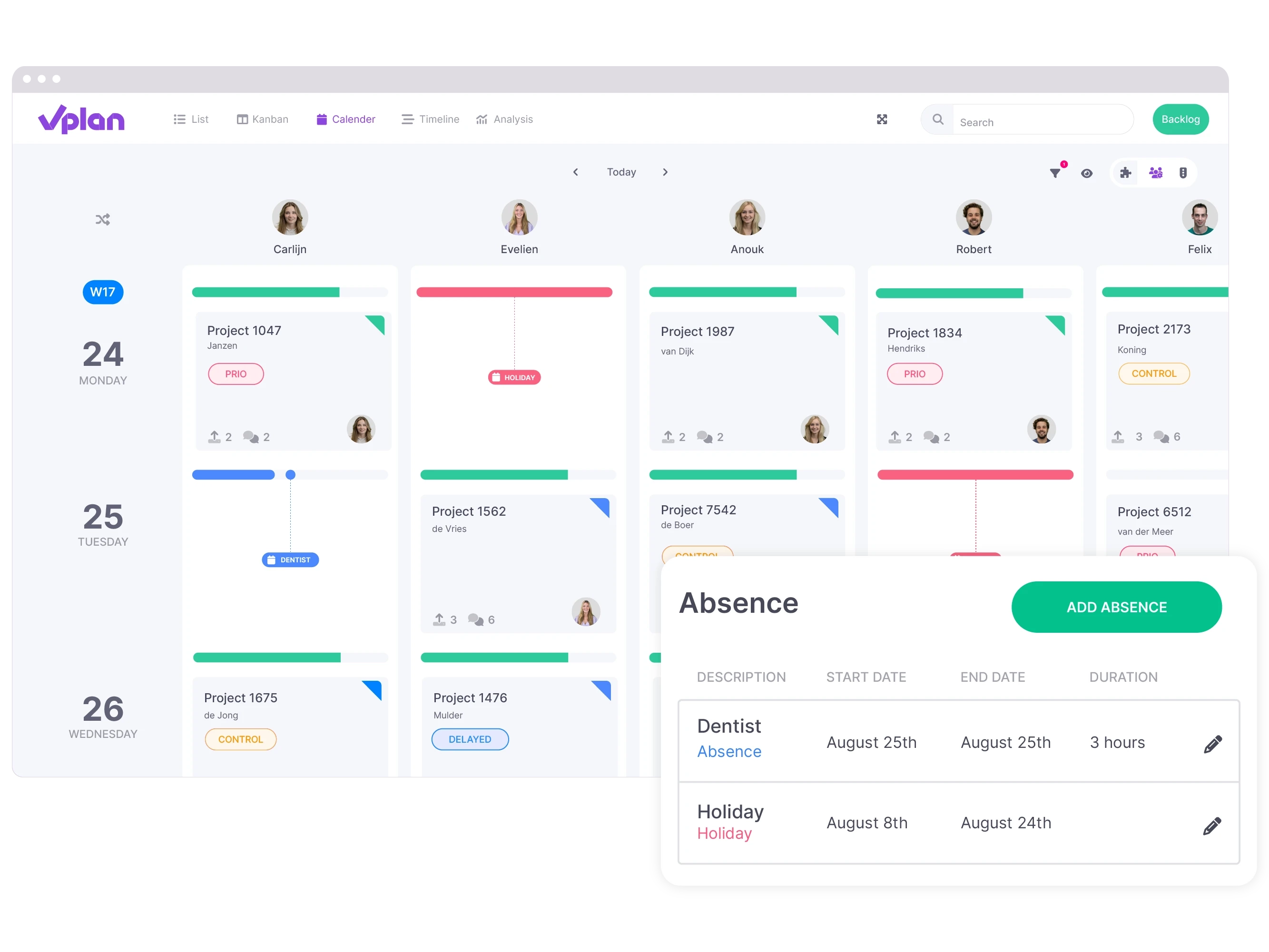 A calendar view that is filtered by resource, showing various employee absences.