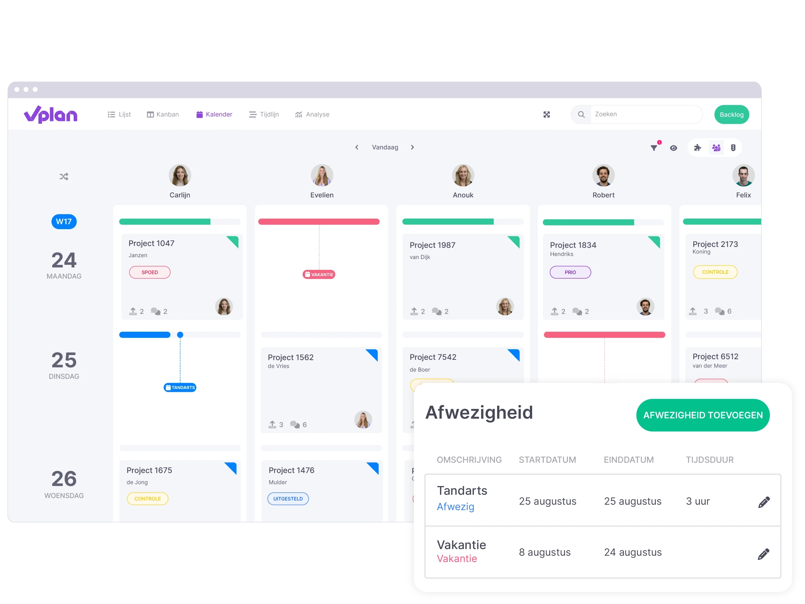 Kalender weergave van vPlan die inzicht geeft in de beschikbare capaciteit en afwezigheid van medewerkers.