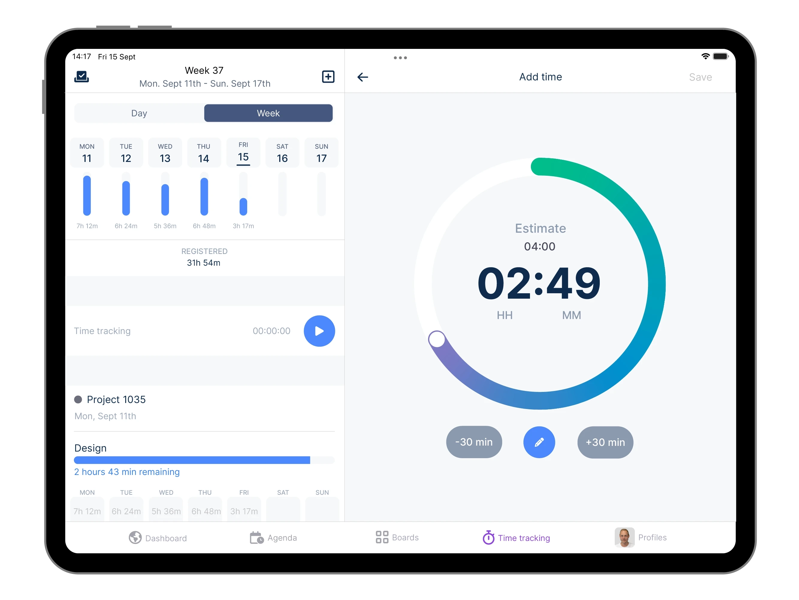 A tablet displaying the time tracking view in the vPlan app.