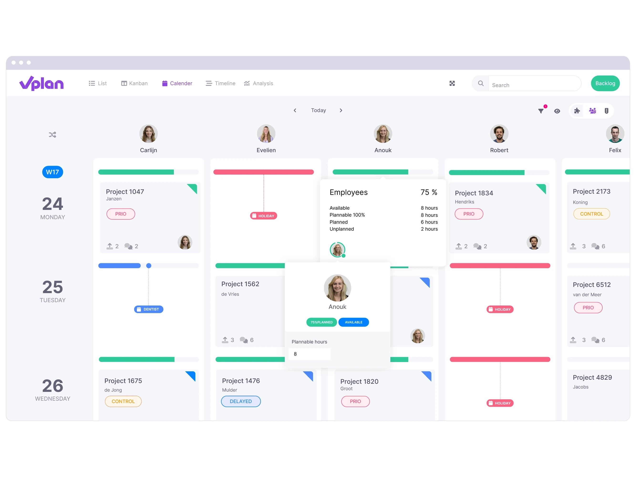 Calendar view of vPlan showing available capacity and employee absence.