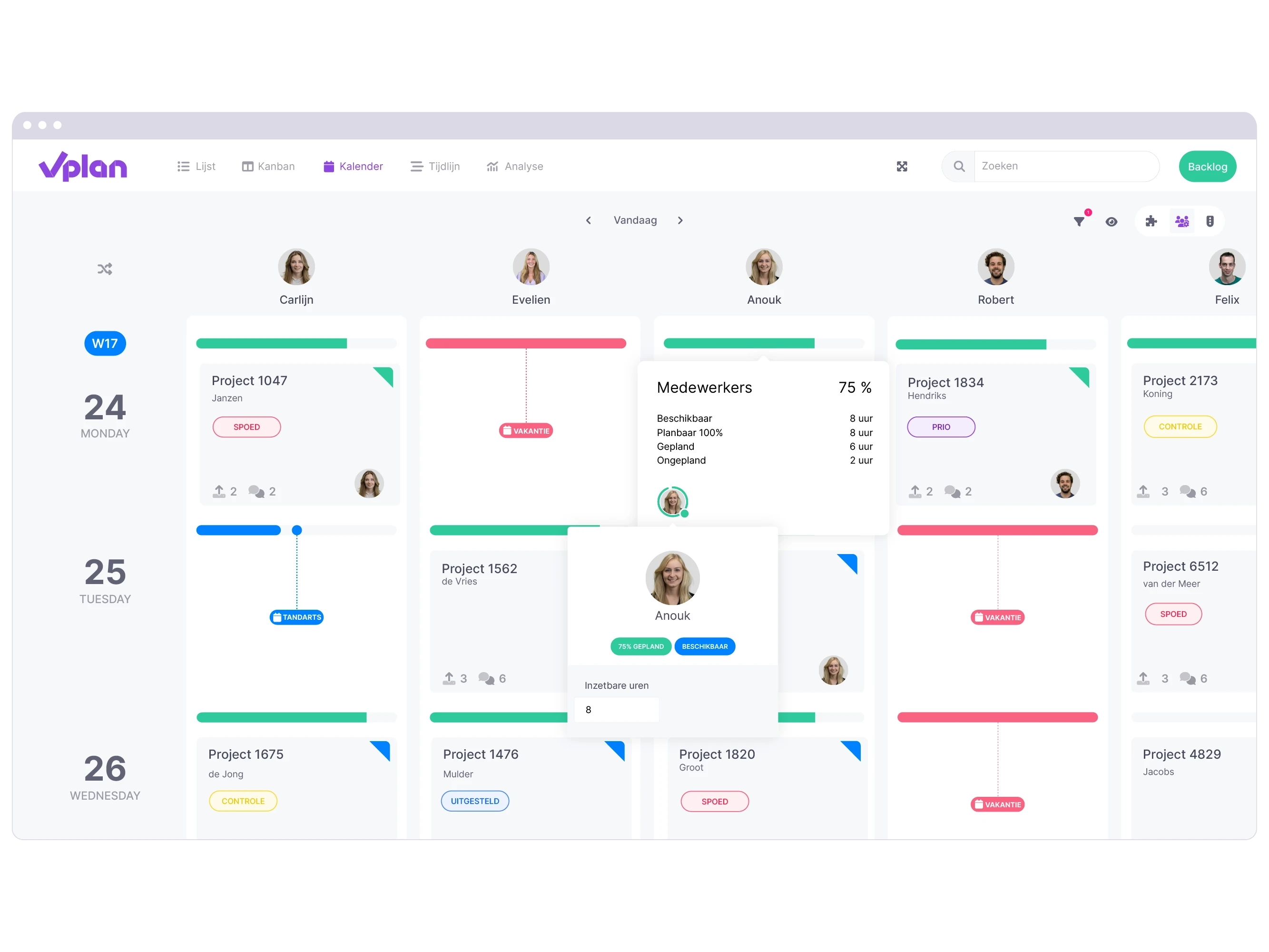 Kalender weergave van vPlan die inzicht geeft in de beschikbare capaciteit en afwezigheid van medewerkers.