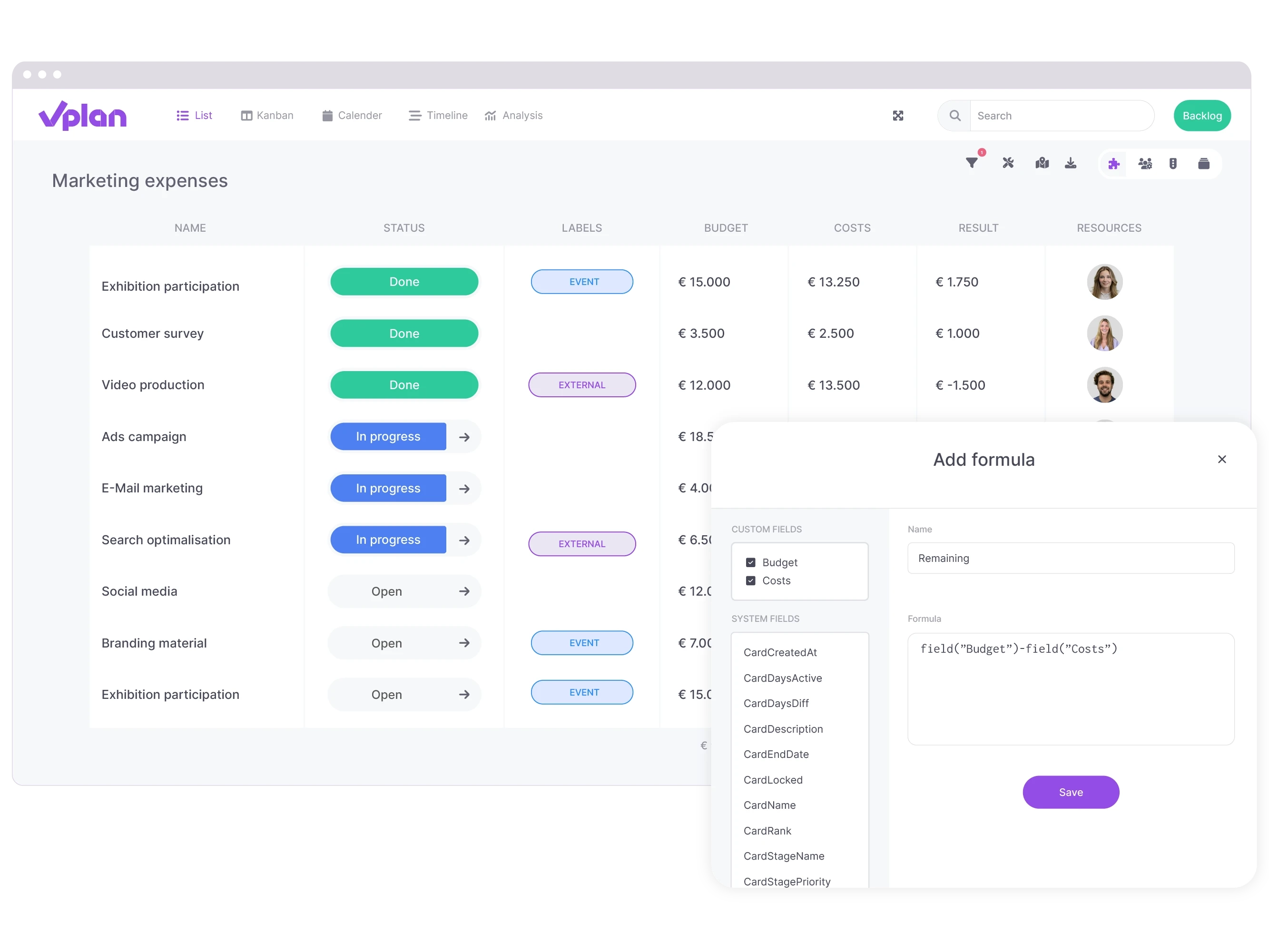 List view of vPlan showing marketing costs with an option to add a formula to the planning.