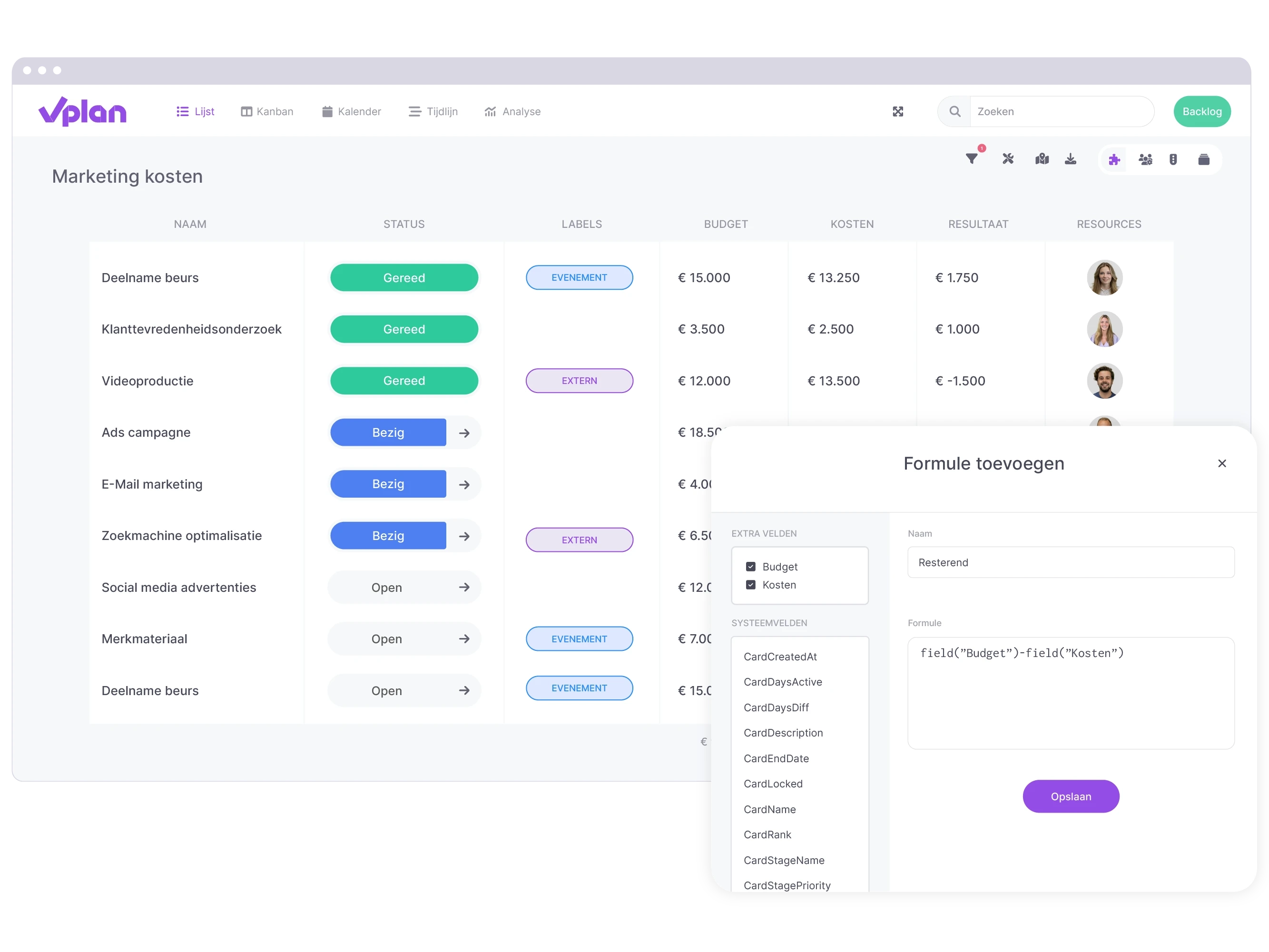 Lijst weergave van vPlan die marketing kosten weergeeft met daarbij het venster om een formule aan de planning toe te voegen.