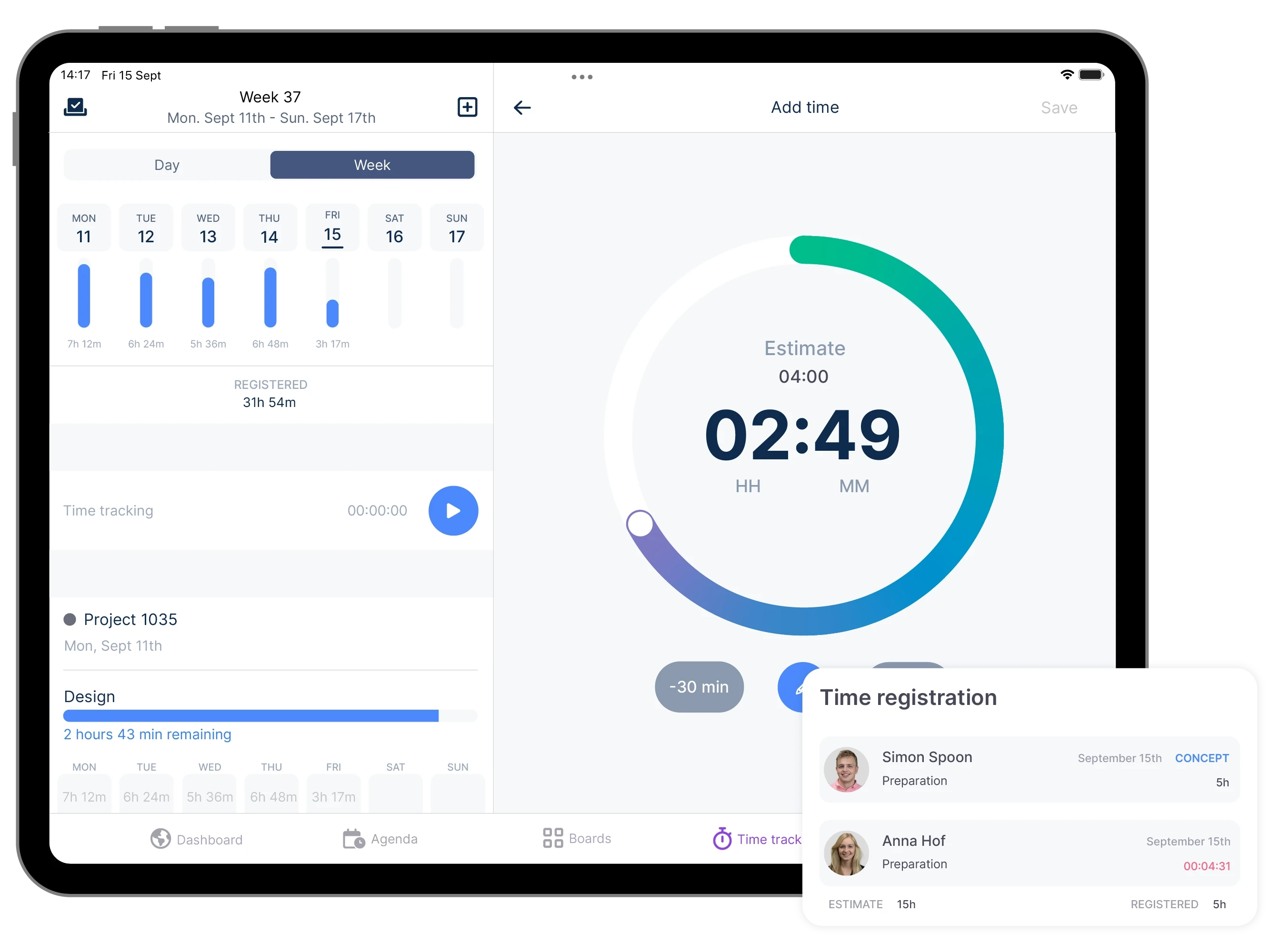 The vPlan app on a tablet displaying the time tracking overview.