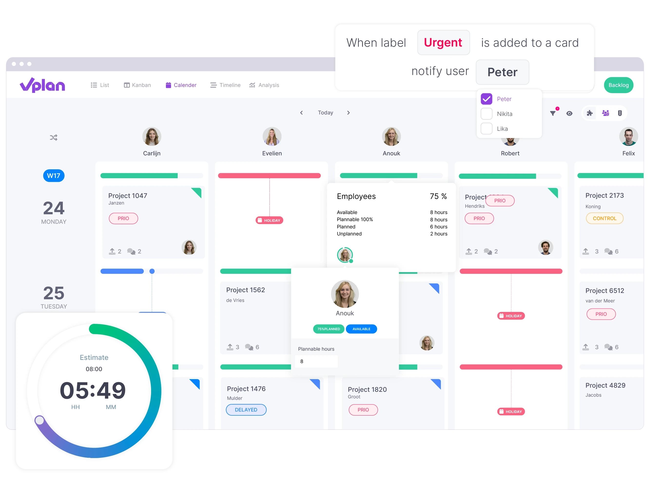 A calendar view in vPlan showing the capacity of an employee.