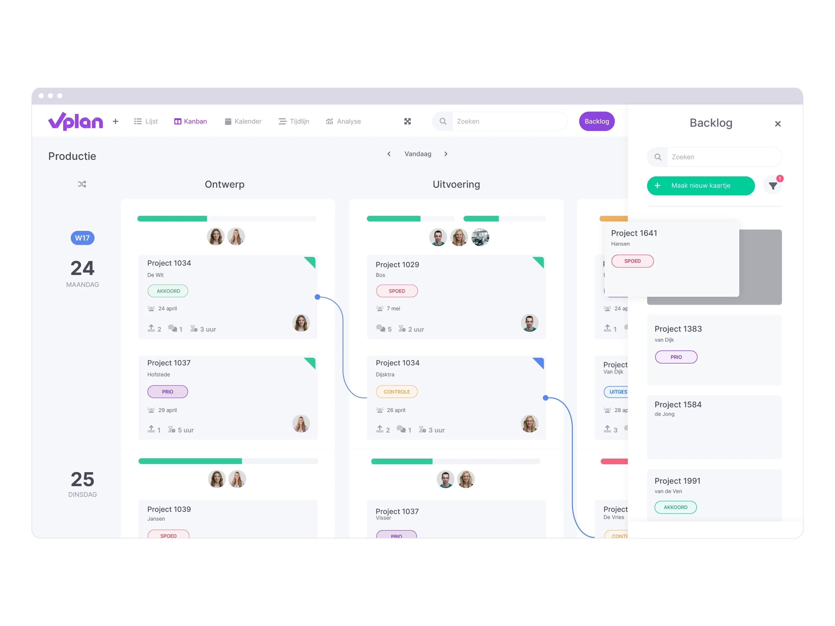 Kanban weergave van vPlan die de backlog toont waar taken vanuit een ERP direct in vPlan te plannen zijn.