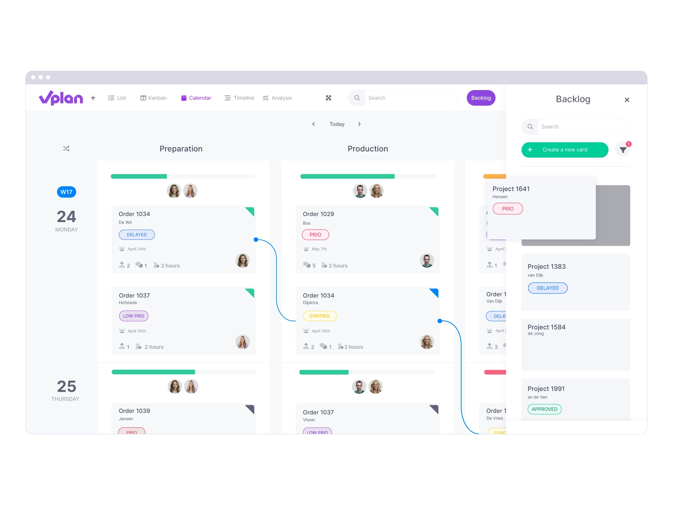 A calendar view where a project from the backlog is being planned into the planning.