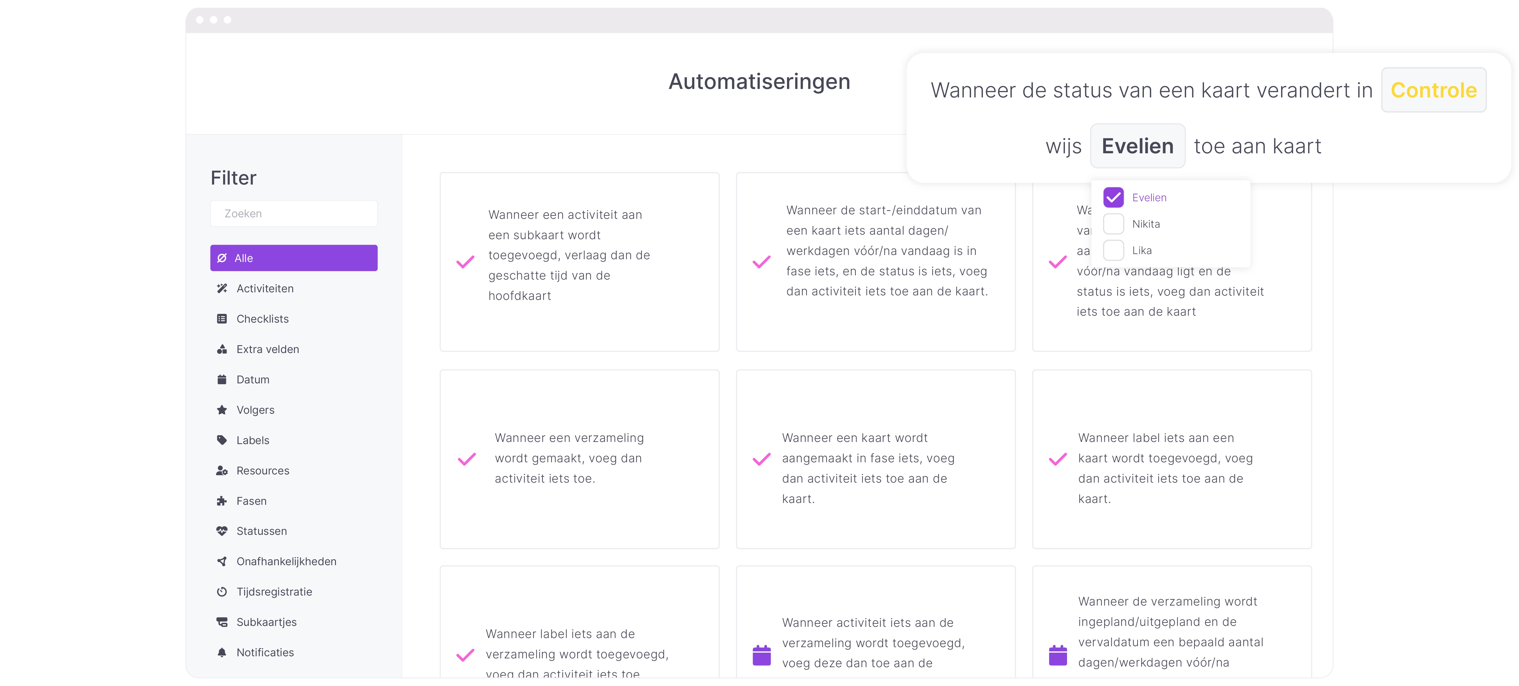 Een weergave van automatiseringen in vPlan met daarbij een los element wat een automatisering van het toewijzen van een medewerker toont.