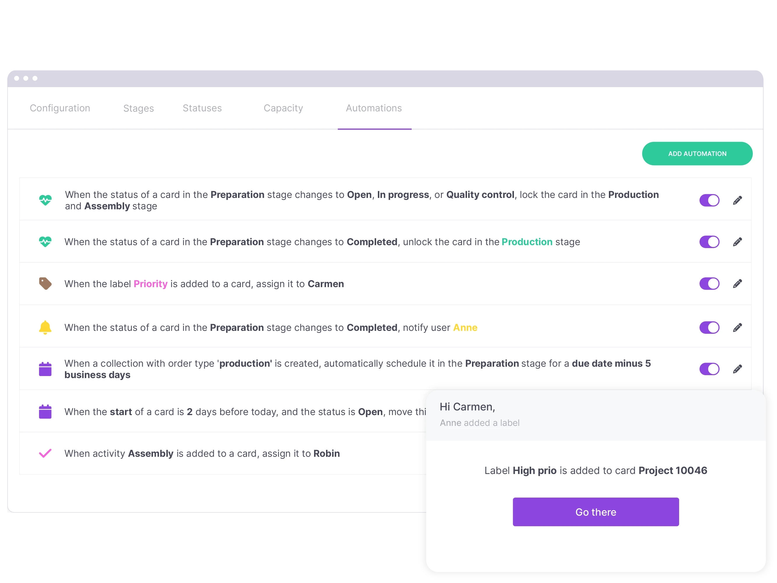 vPlan Automation: The overview within vPlan of automations created by a user, along with an element showing a notification from vPlan.