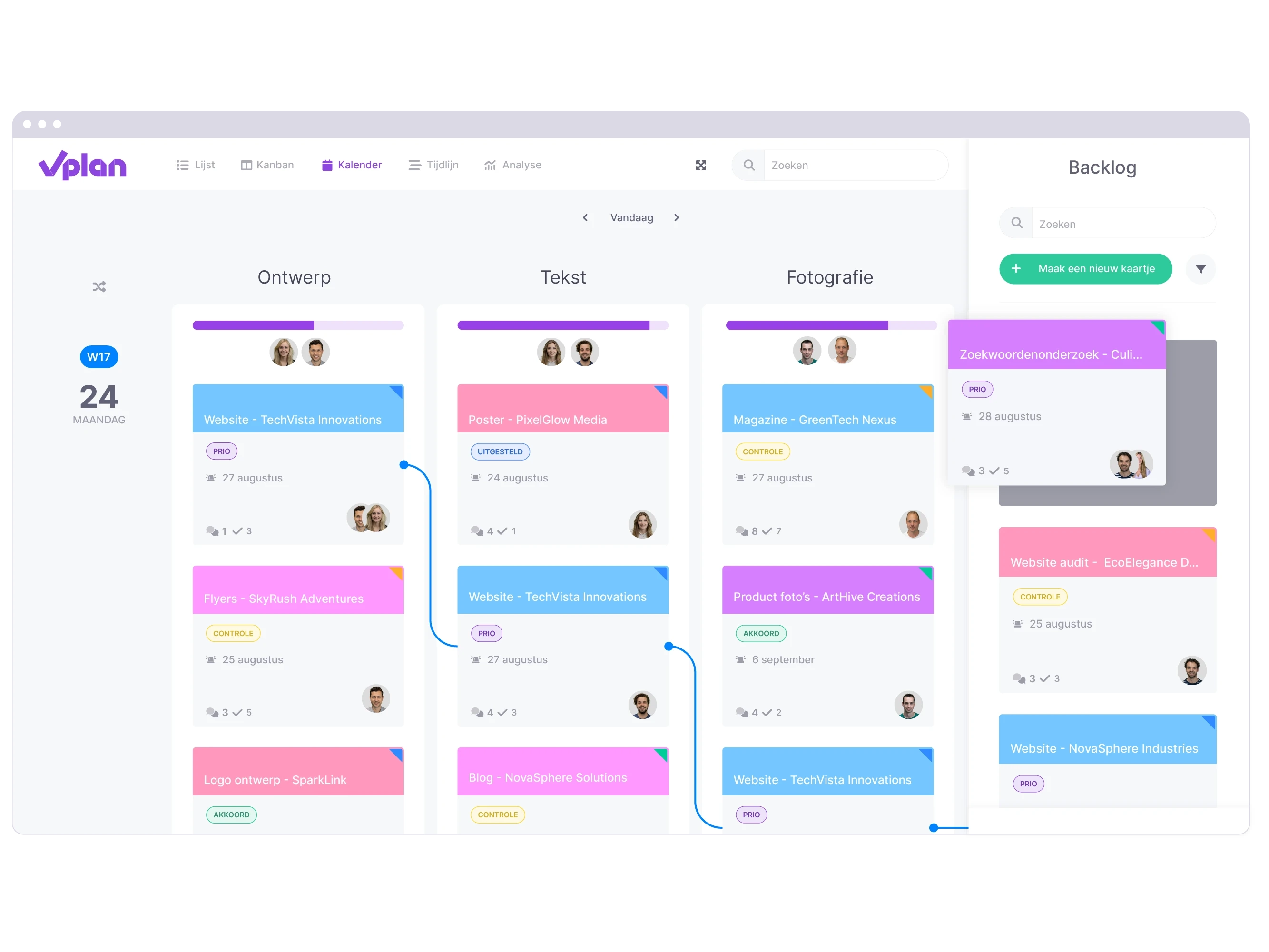vPlan Kalender: Een vPlan kalender weergave met daarin verschillende projecten voor een marketingbureau.