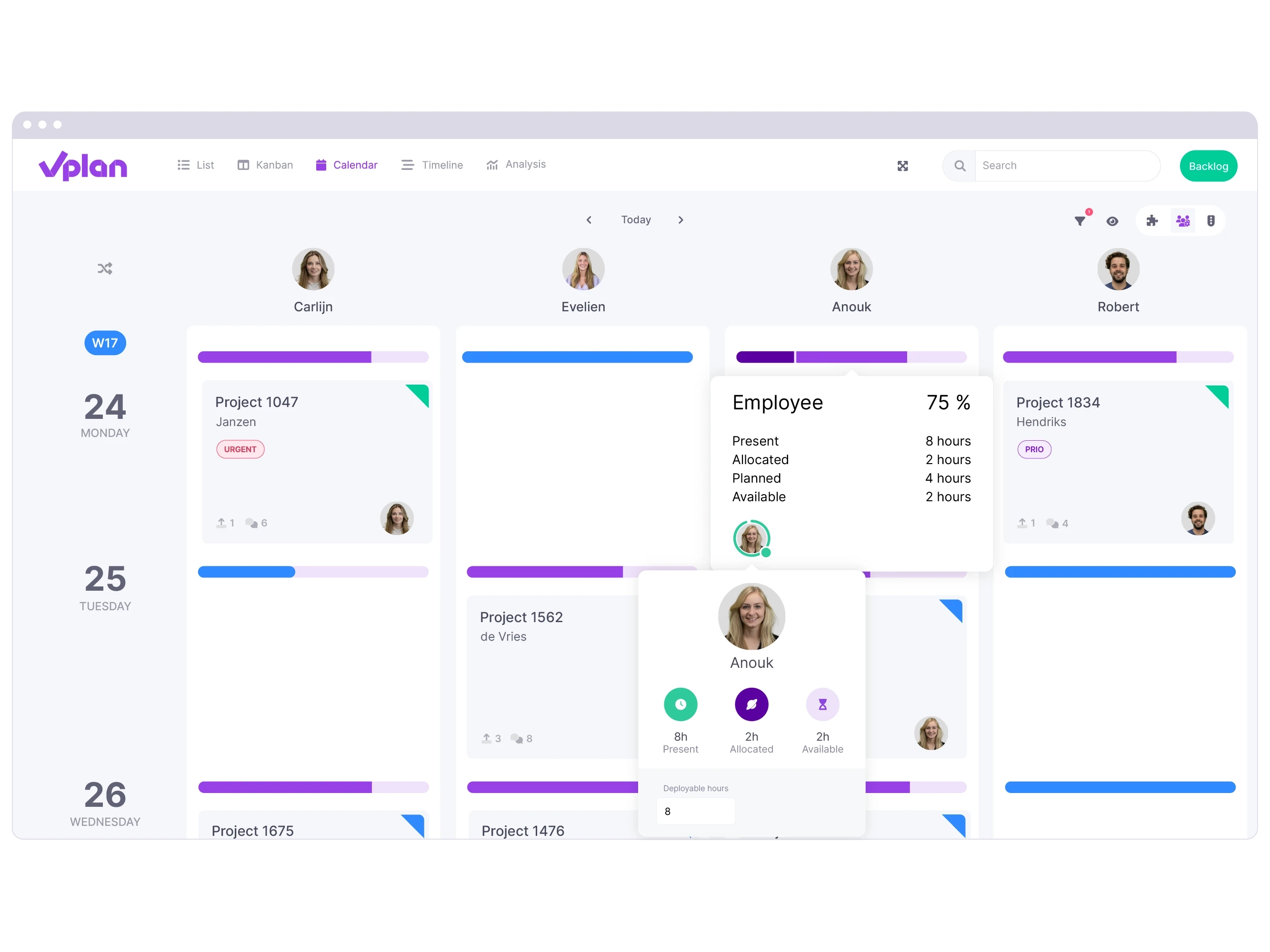 vPlan Calendar: A vPlan calendar view offering a clear overview of employee absences, along with insight into employee capacity.