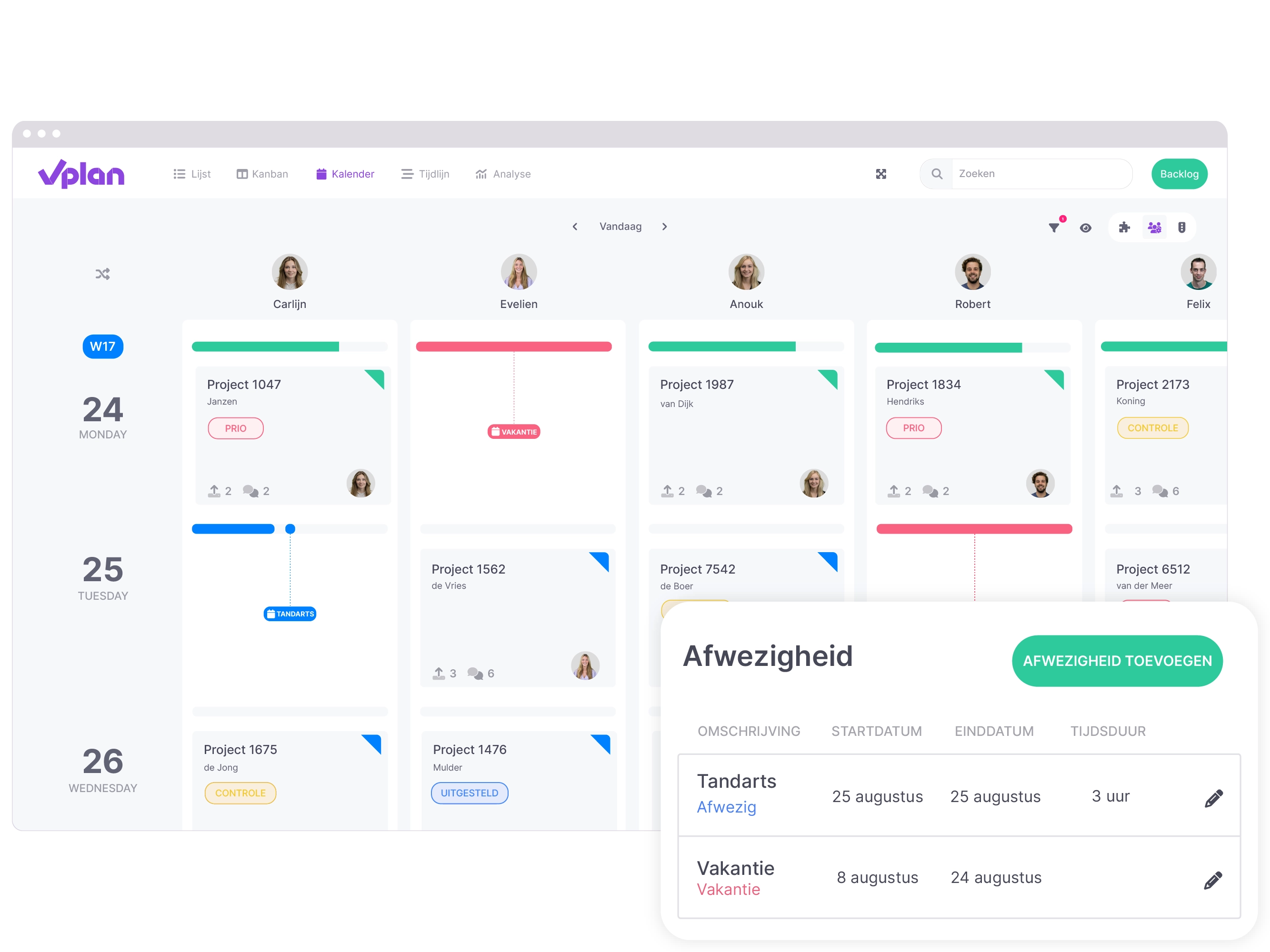 vPlan Capaciteit: Een kalender weergave binnen vPlan die een overzicht van projecten geeft. Daarbij een element van afwezigheid registreren.