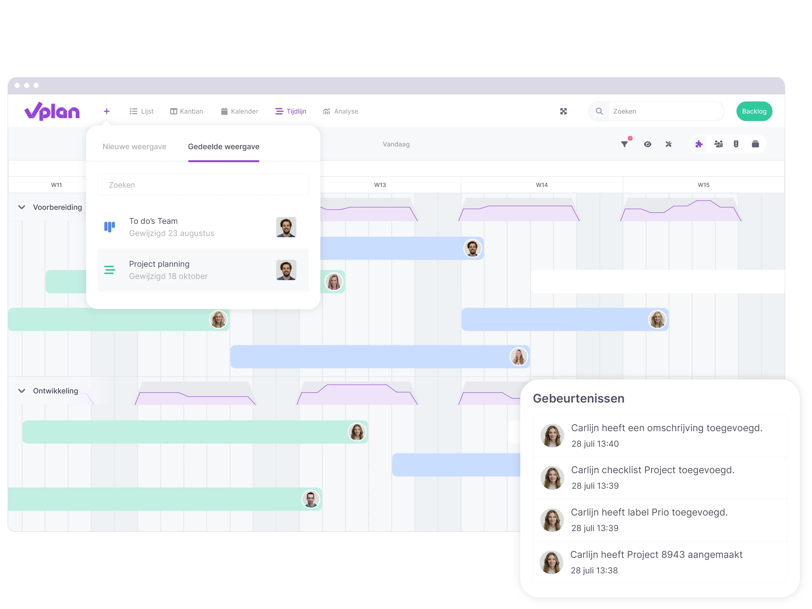 vPlan Samenwerken: De Kanban-weergave in vPlan met een overzicht van gebeurtenissen binnen een kaartje.