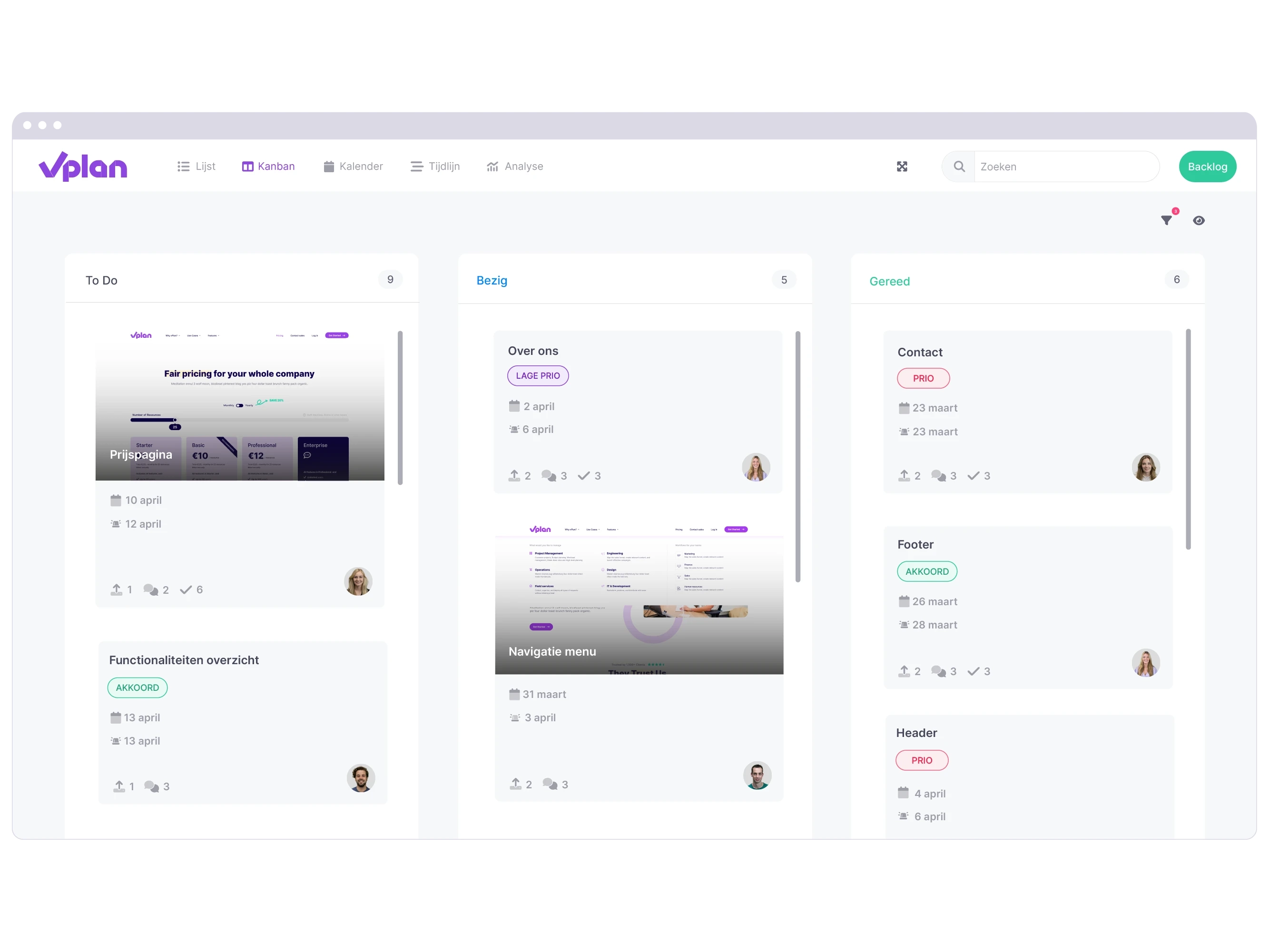 vPlan Kanban: Een Kanban-weergave gebaseerd op statussen. Bevat twee kaartjes waarbij de omslag een bijlage toont.