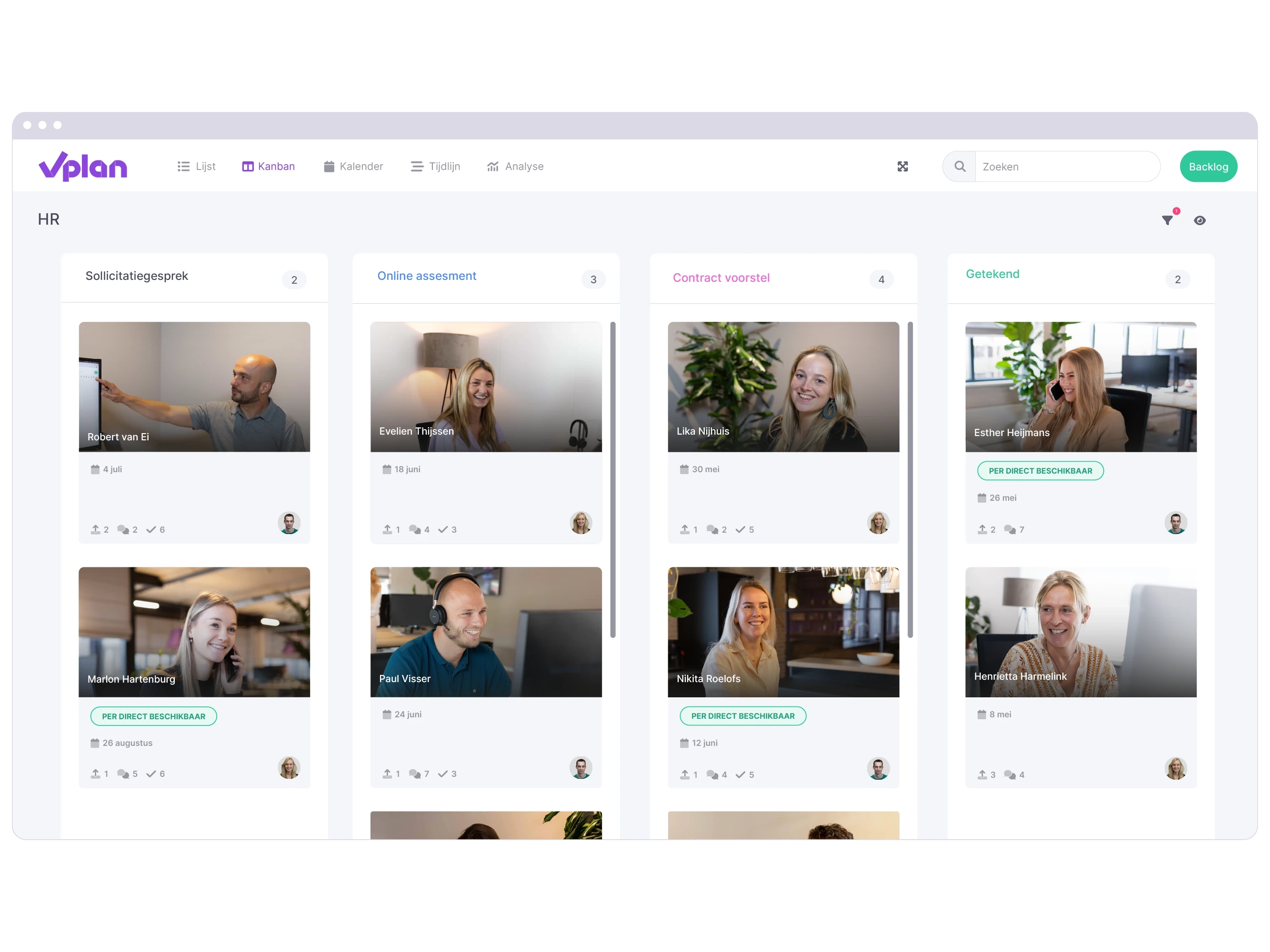 vPlan Kanban: een kanban weergave die het recruiting proces van HR laat zien. Hierdoor is een duidelijk overzicht van de status van sollicitanten.