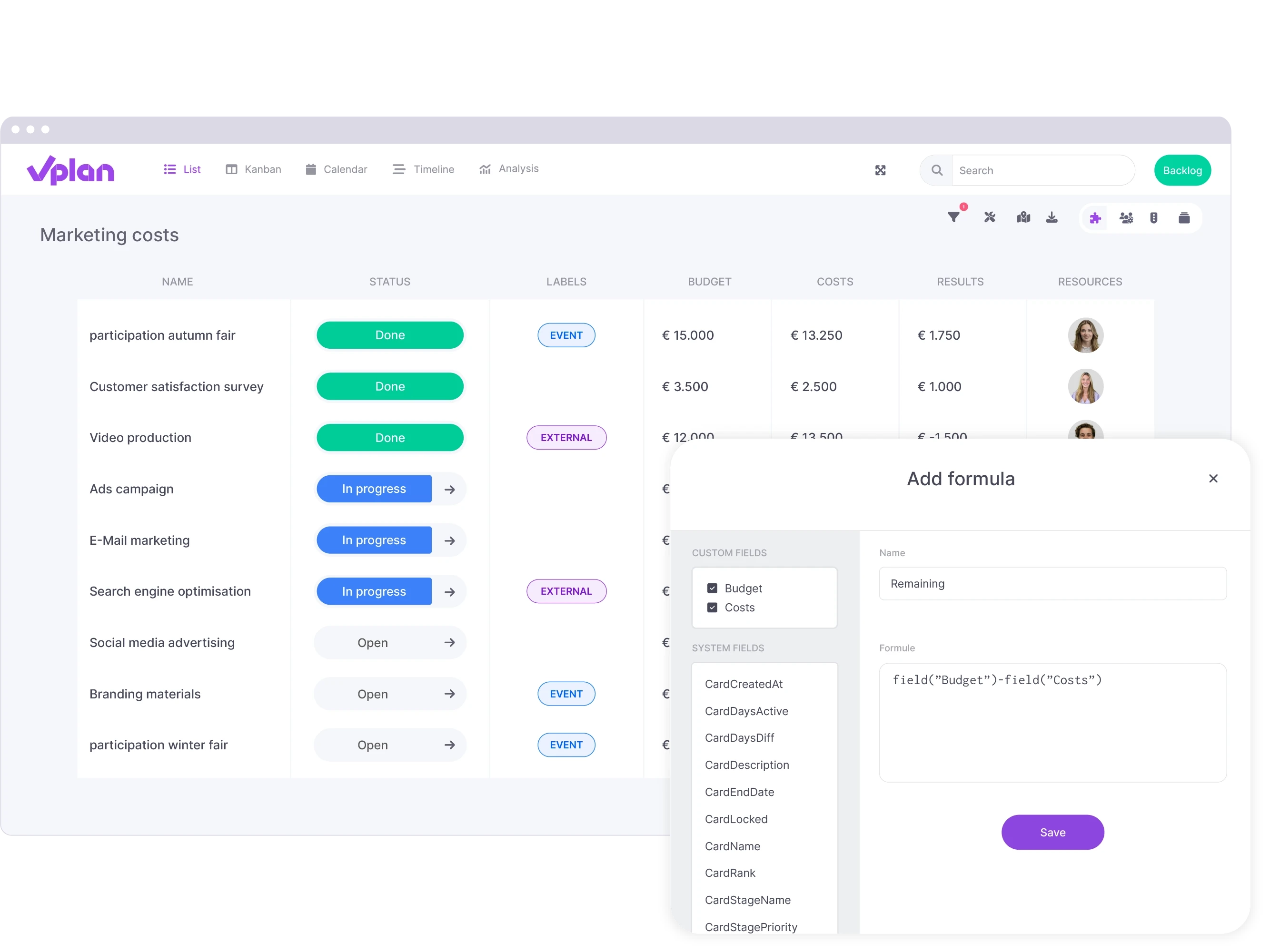 vPlan List View: A list view of marketing expenses providing insights into budget, costs, and realization, including the element of adding formulas.