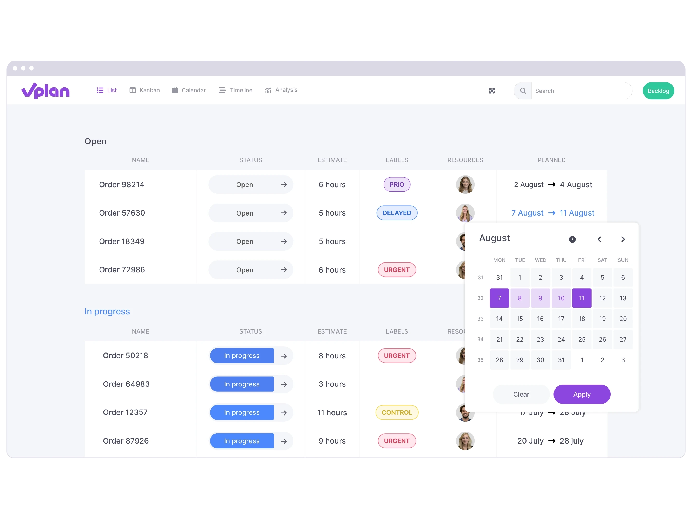 vPlan List View: A list view of orders with the ability to modify the planned date of an order.