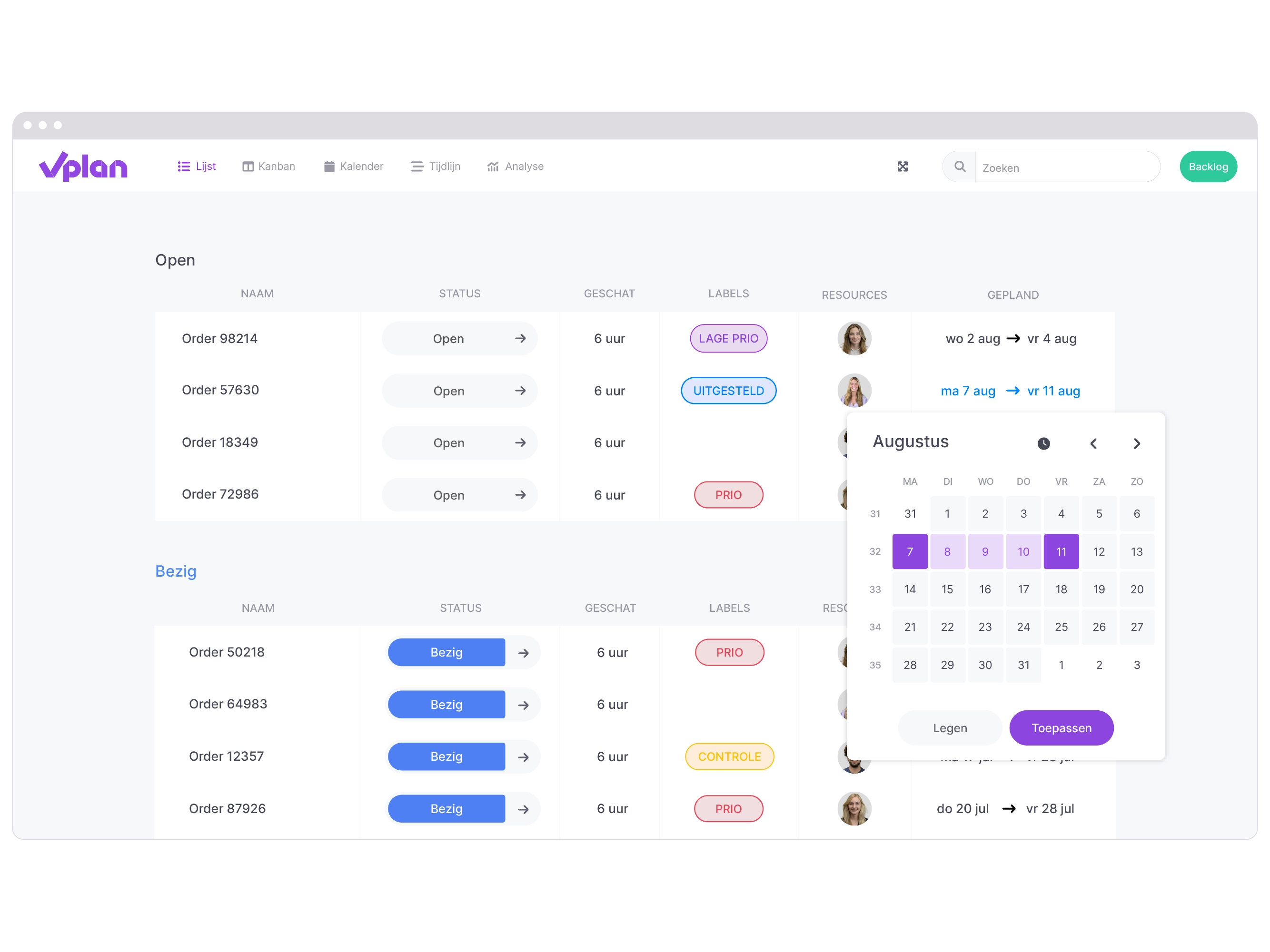 vPlan Lijstweergave: Een lijstweergave van orders met de mogelijkheid om de geplande datum van een order te wijzigen.