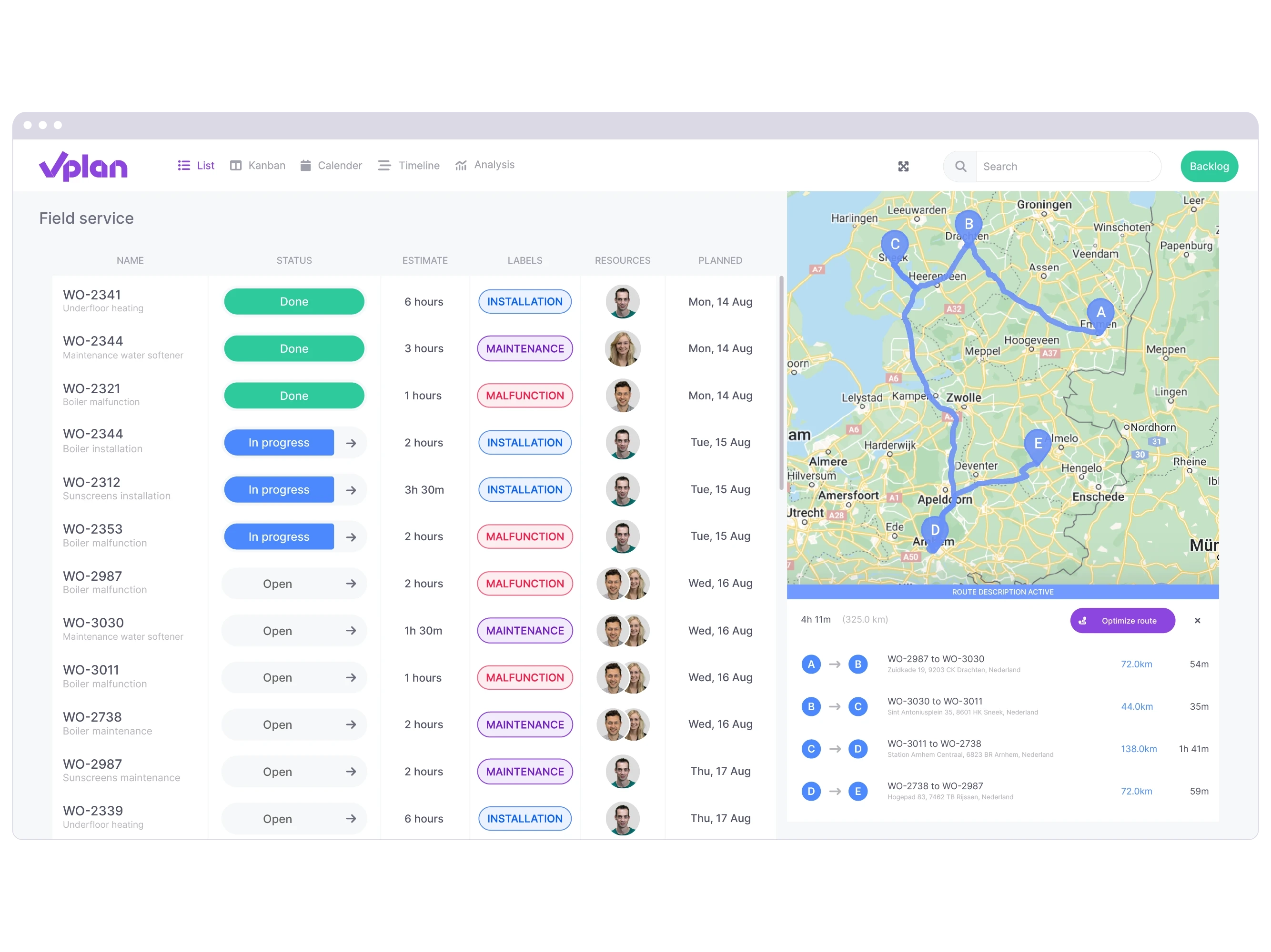 vPlan List View: A list view of work orders for field service, including route optimization for an employee.