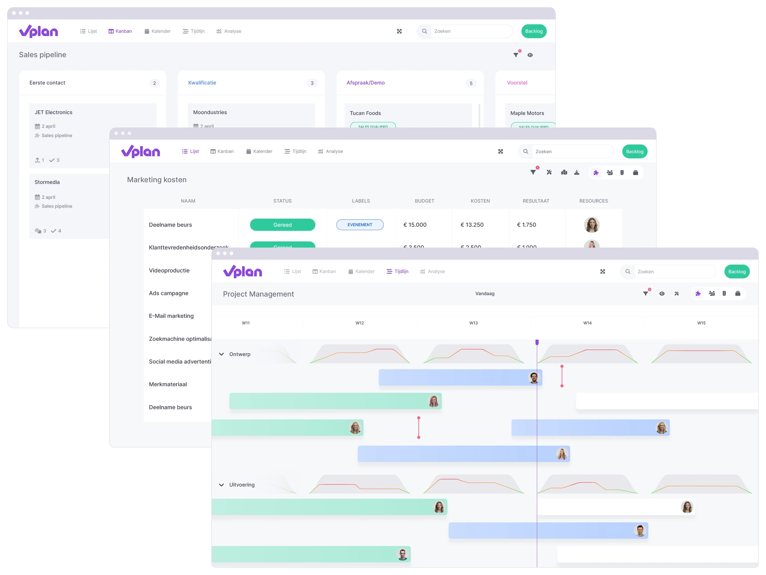 vPlan taken: Een kanban weergave geeft taken van design en front-end developers duidelijk weer op basis van statussen.