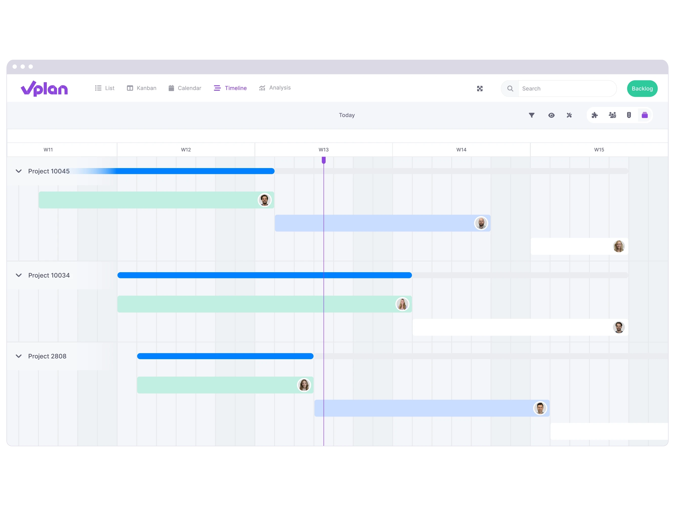 vPlan Timeline: A timeline view of vPlan with a sub-card overview within a project, offering a clear view of the project’s status.