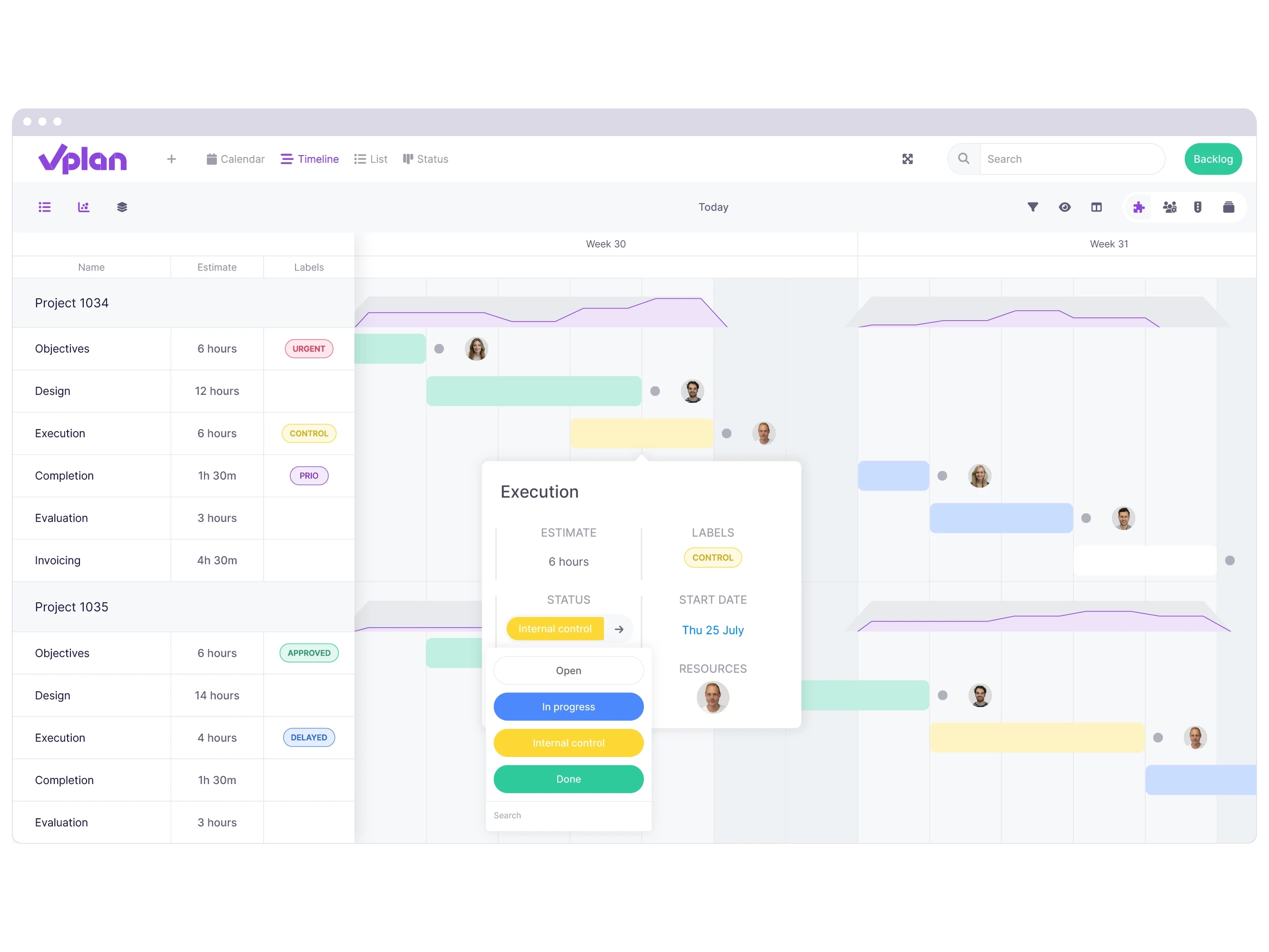 vPlan Workflow: A timeline where the status of a project is reviewed and updated.