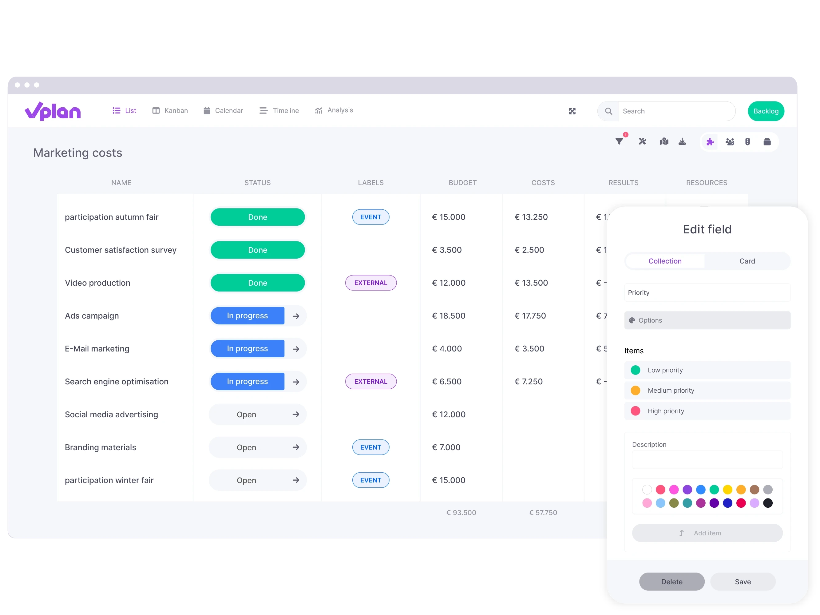 vPlan Workflow: A list view displaying various custom fields, with the option to create a new one.