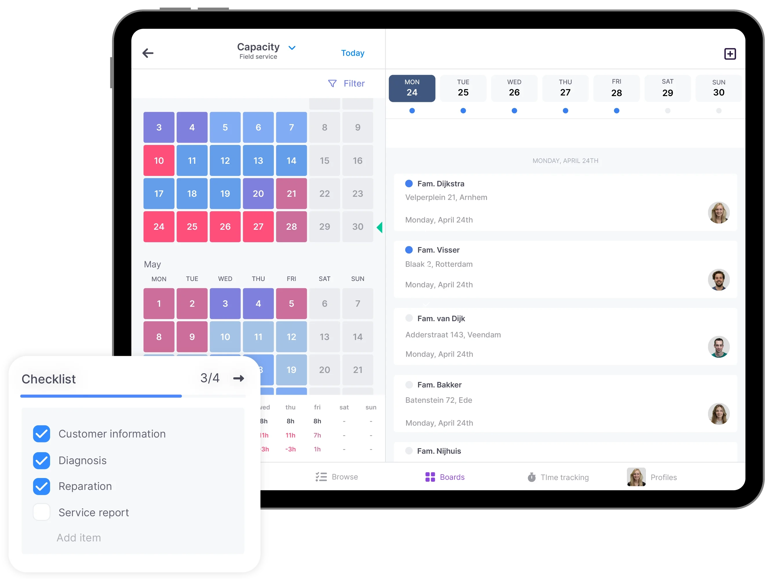 The vPlan app with the capacity view open on a tablet, along with a checklist.