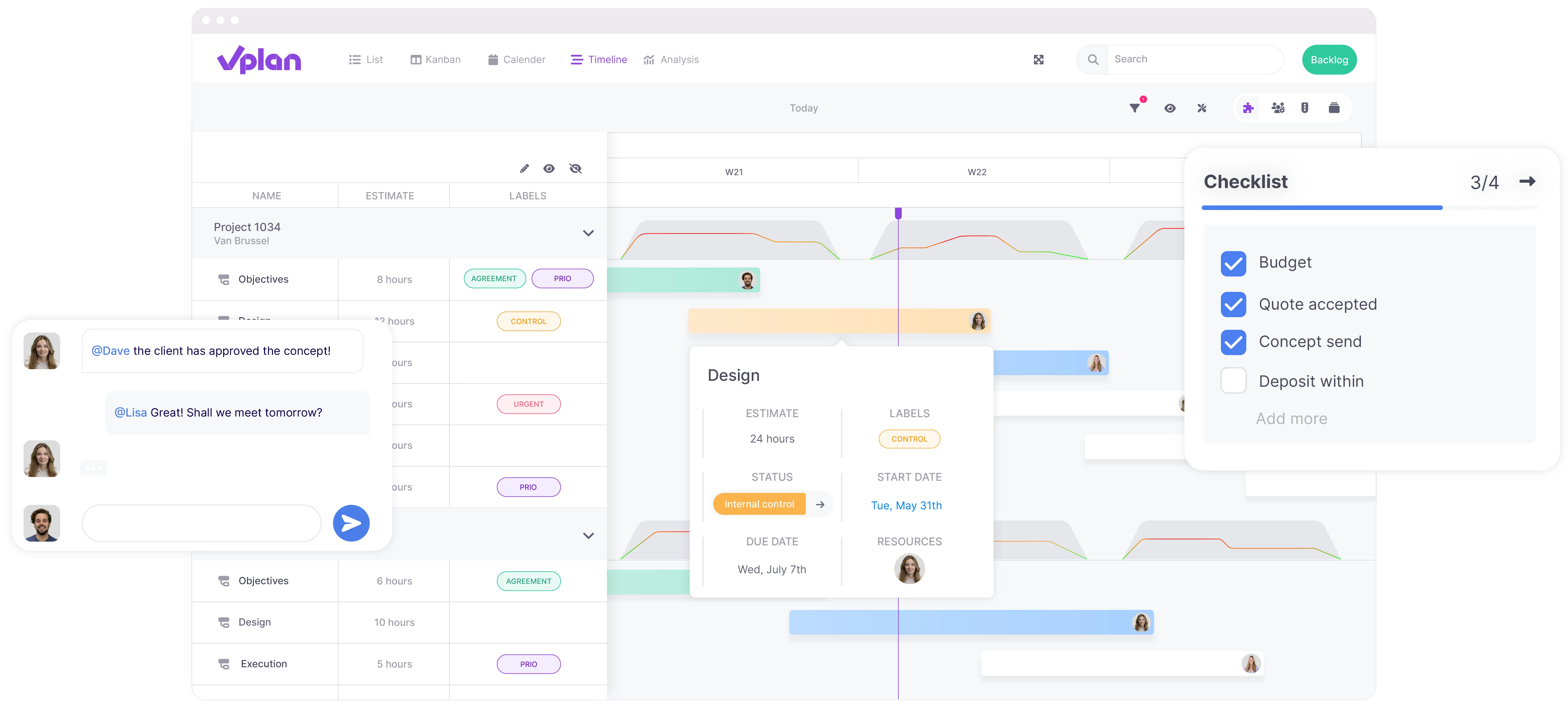 Timeline view with projects featuring an attached checklist.