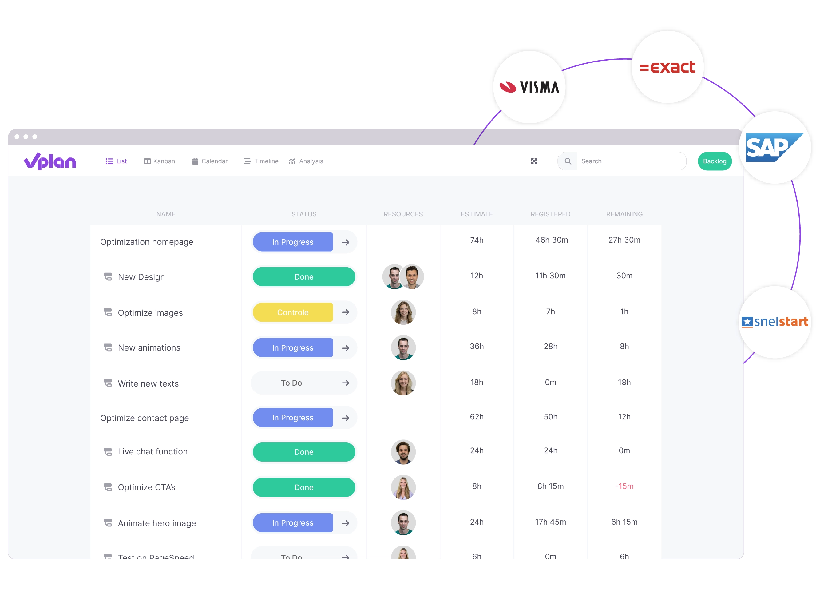 vPlan Time Registration: A list view in vPlan containing an overview of scheduled and registered hours and a separate element of integrations.