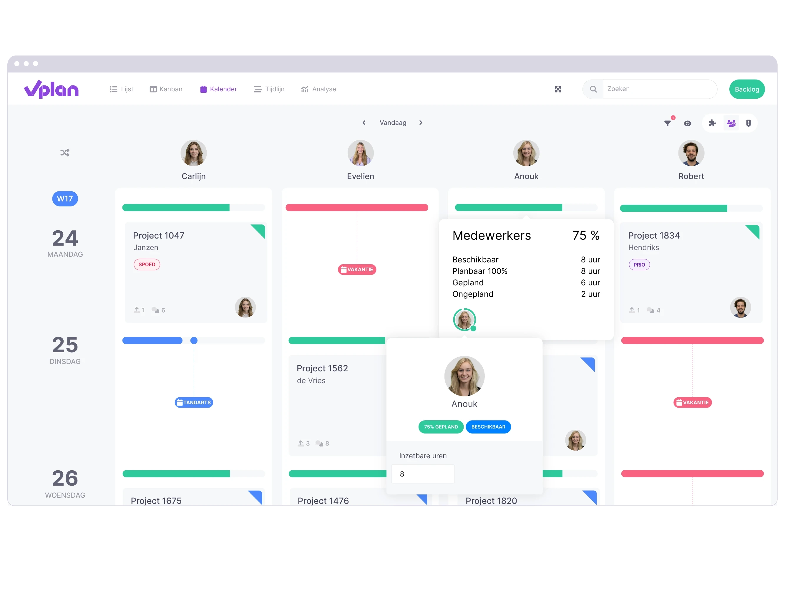 Kanban weergave van vPlan die inzicht geeft in de beschikbare capaciteit en verlof van medewerkers.