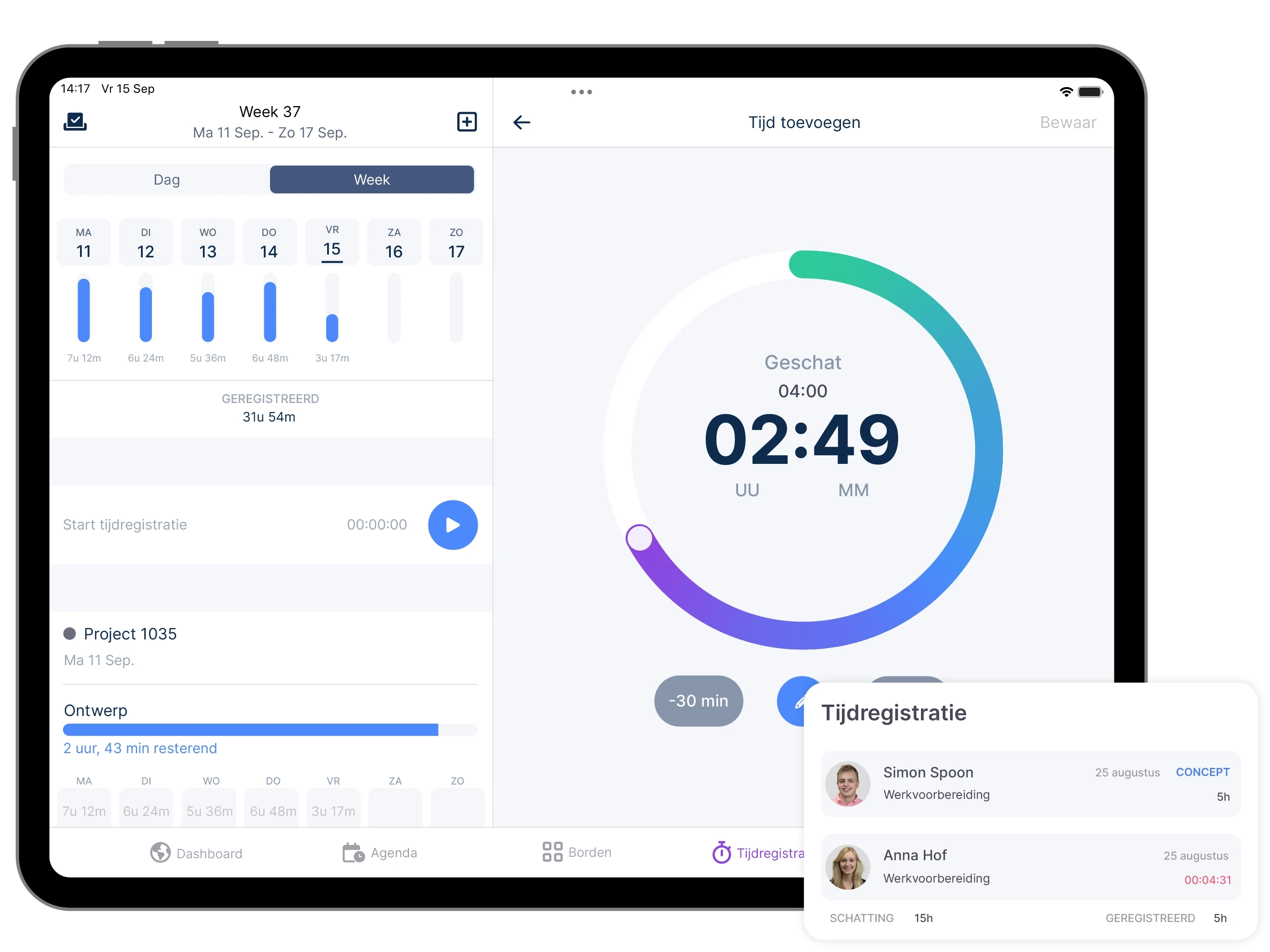 vPlan-App op de tablet die handmatige urenregistratie toont naast de geregistreerde uren van een week. Daarbij een tijdsregistratie element.