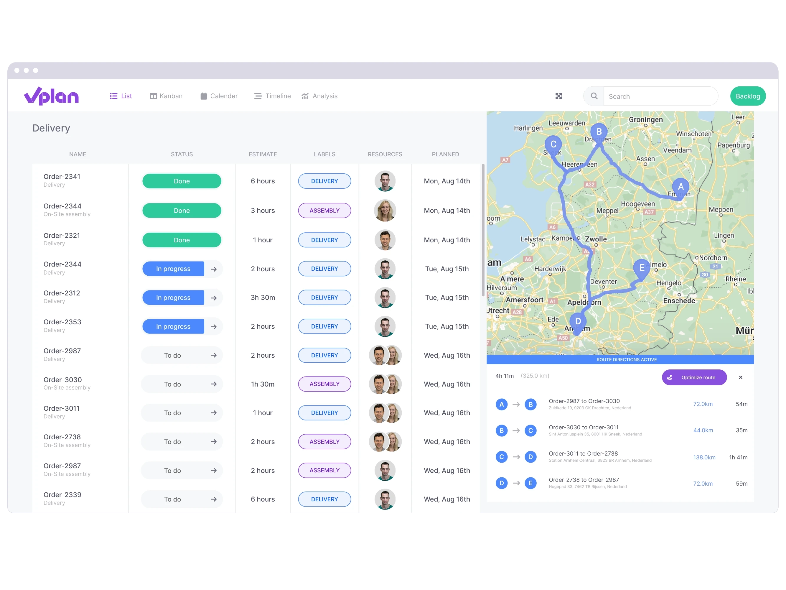 List view in vPlan for delivery and assembly of orders, including an optimized delivery route in maps.