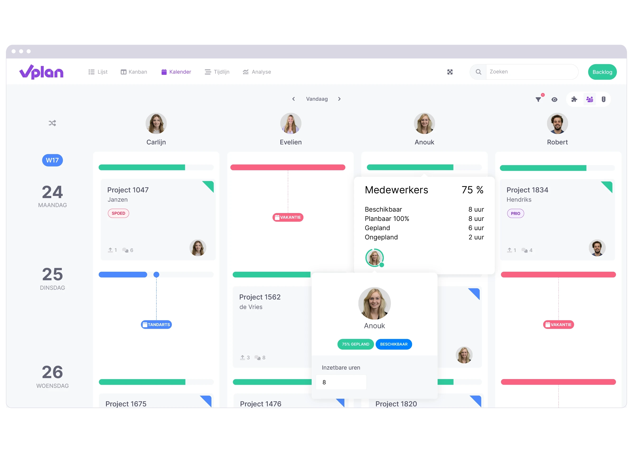 Kalenderweergave van vPlan die inzicht geeft in beschikbare capaciteit en afwezigheid van medewerkers.