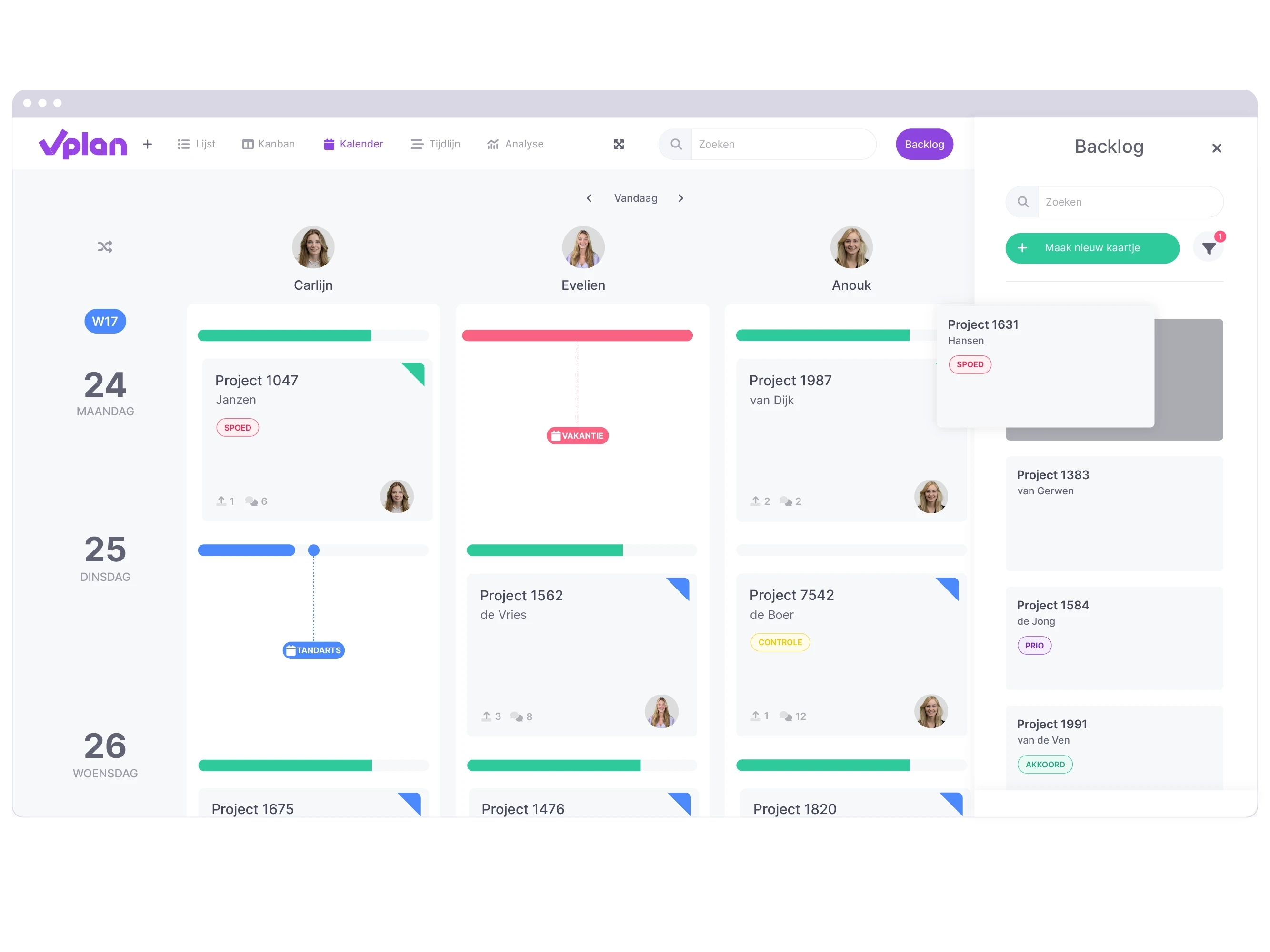 Kalender weergave van vPlan die inzicht geeft in de beschikbare capaciteit en afwezigheid van medewerkers.