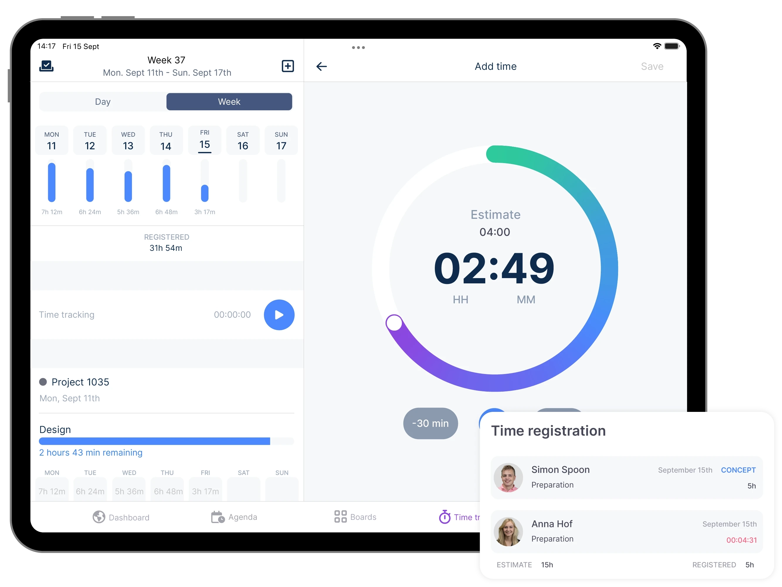 vPlan app on the tablet displaying manual time registration alongside registered hours for the week. Additionally, a time tracking element.