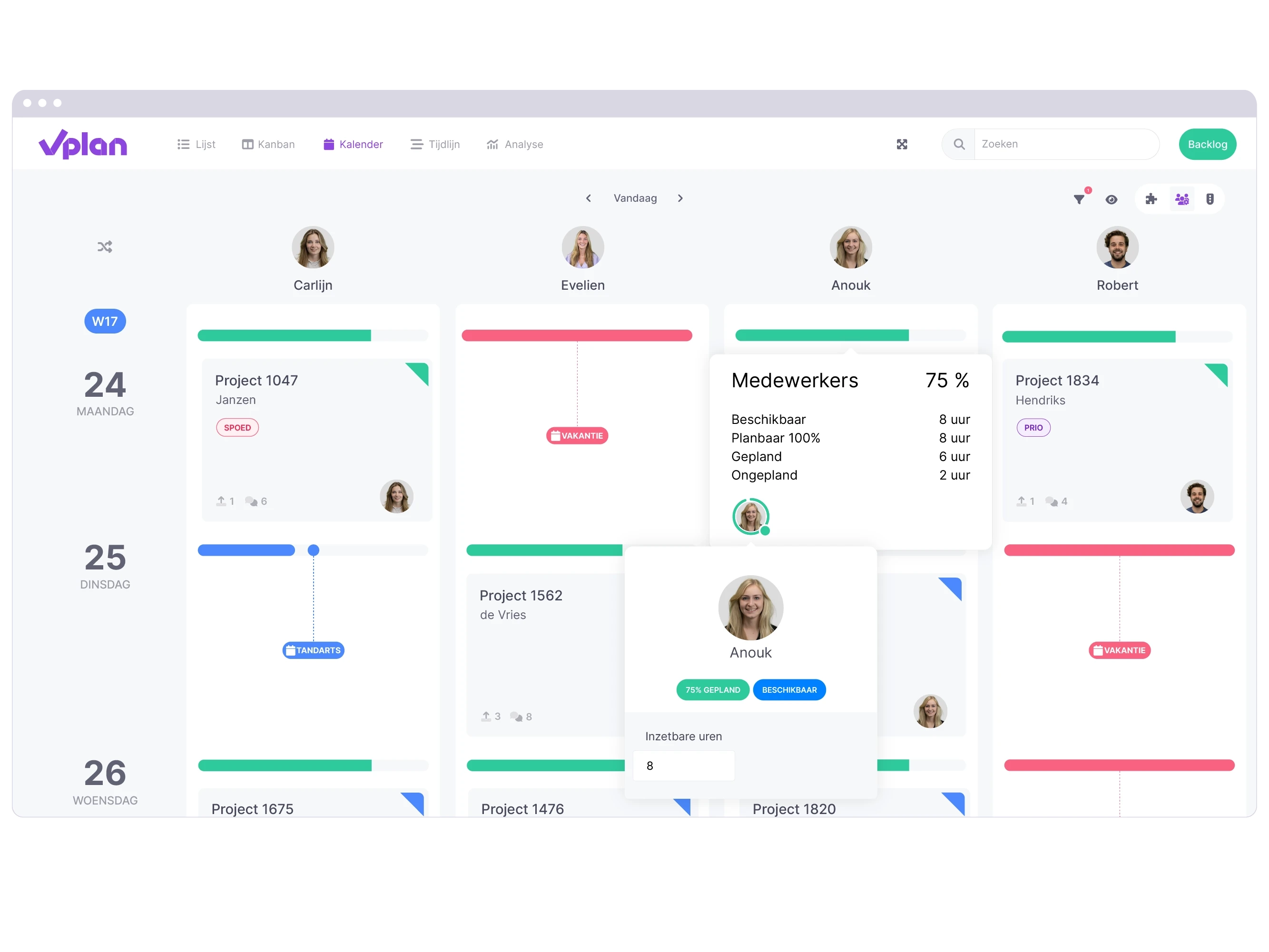 Kalender weergave van vPlan die inzicht geeft in de beschikbare capaciteit en afwezigheid van medewerkers.