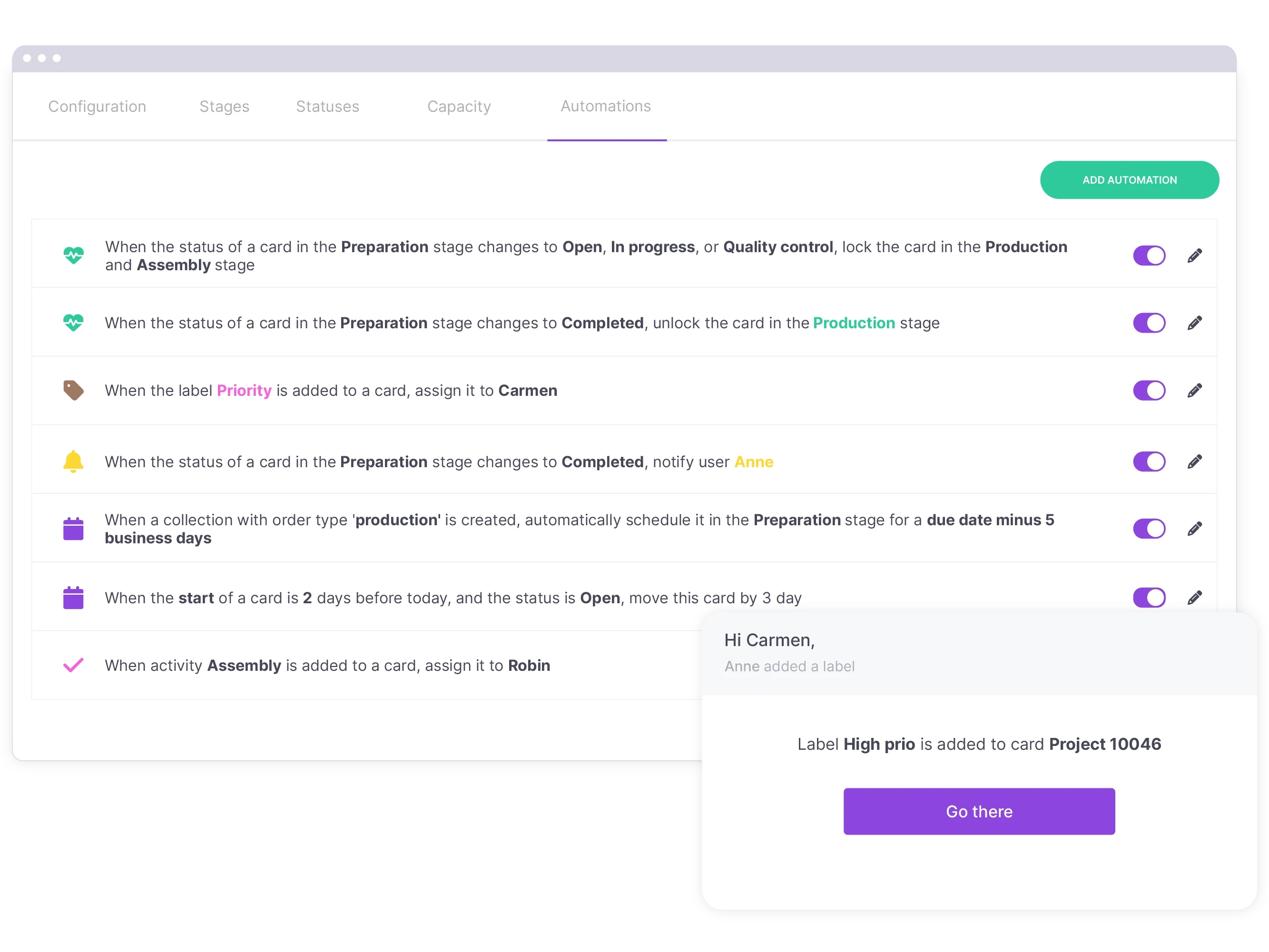 An overview of active automations in vPlan, including an element of an automated message.