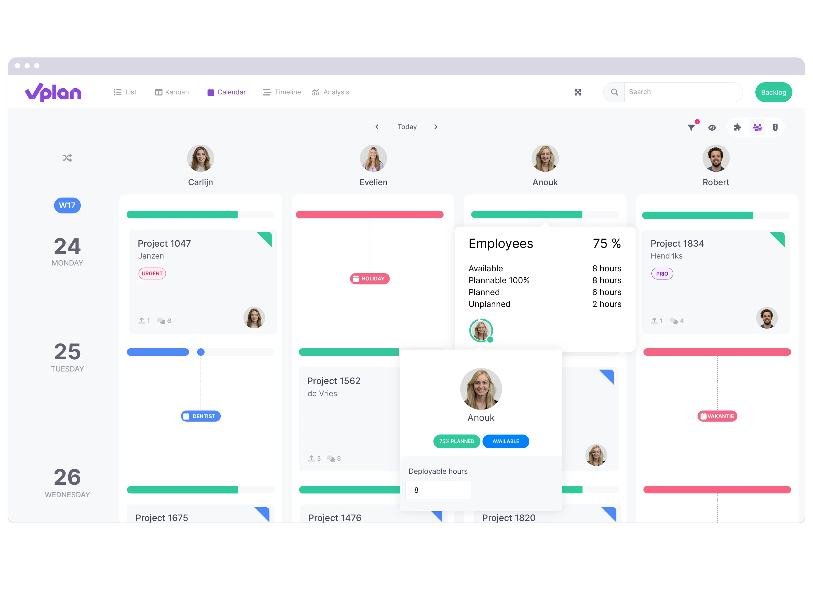 Kanban view of vPlan providing insight into available capacity and employee absence.