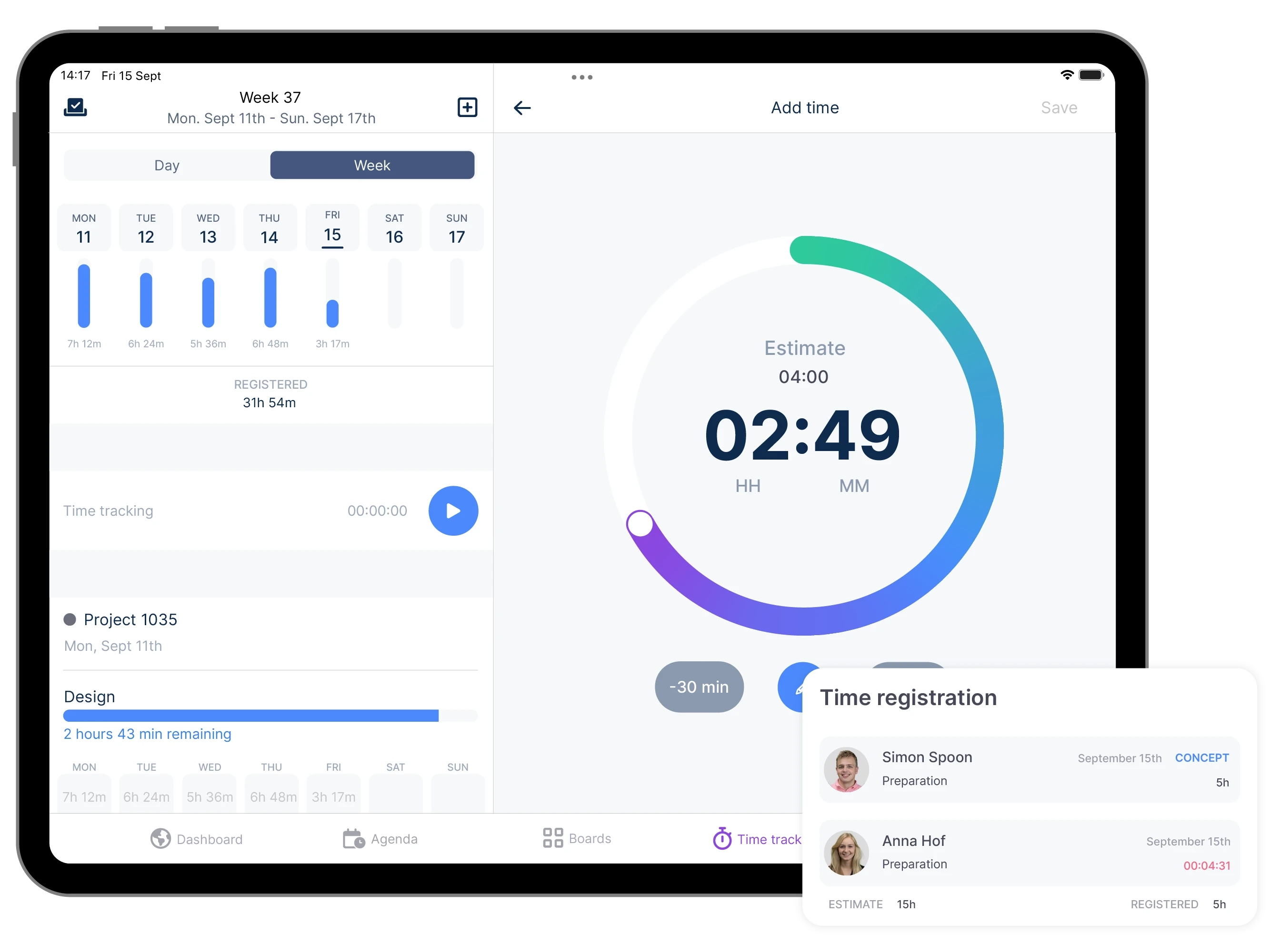 vPlan app on the tablet displaying manual time registration alongside the registered hours for a week. Additionally, a time registration element.